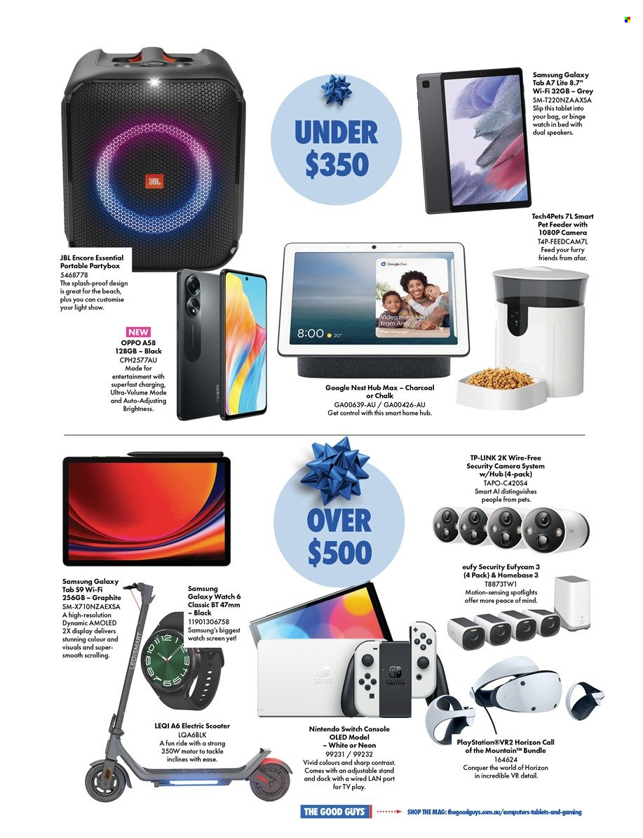 thumbnail - The Good Guys Catalogue - 23 Oct 2023 - 24 Dec 2023 - Sales products - Nintendo Switch, tablet, Samsung Galaxy, Samsung Galaxy Tab, spotlight, tp-link, home hub, google home, security camera, Google Nest, Samsung, Oppo, Samsung Galaxy Watch, PlayStation, PS, camera, Sharp, TV, speaker, JBL, electric scooter, watch. Page 7.