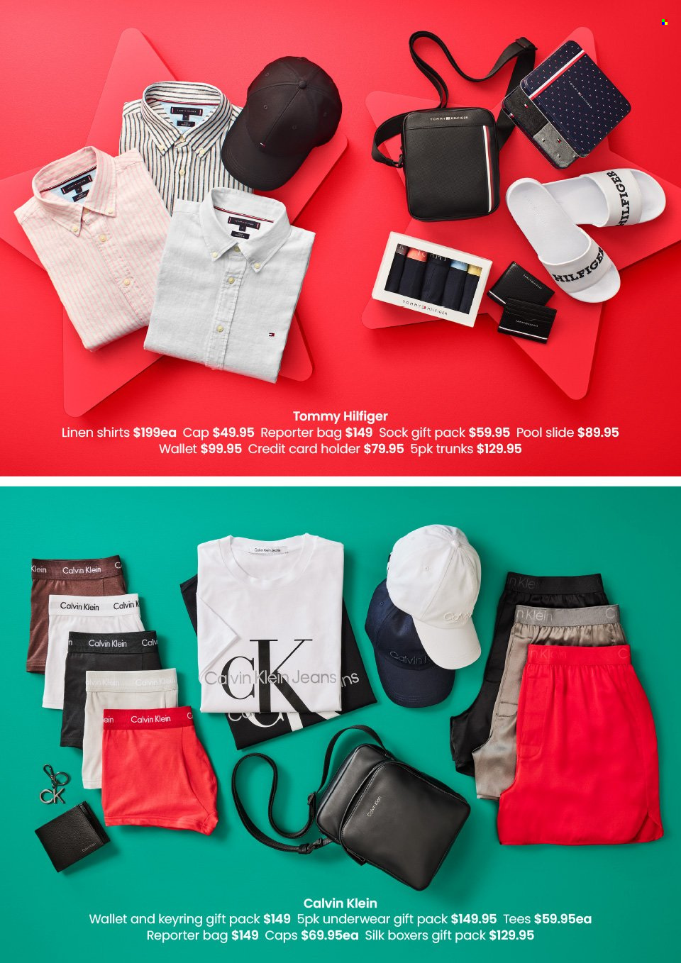 Myer Catalogue - 1 Nov 2023 - 24 Dec 2023 - Sales products - Calvin Klein, Tommy Hilfiger, gift set, bag, linens, jeans, shirt, t-shirt, cap, wallet, underwear, boxer shorts. Page 45.