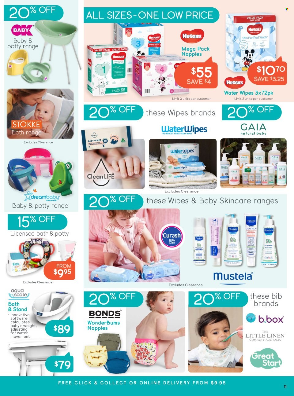 thumbnail - Baby Bunting Catalogue - 9 Nov 2023 - 3 Dec 2023 - Sales products - wipes, Huggies, baby wipes, nappies, Gaia, linens, Bonds, bib, potty. Page 11.