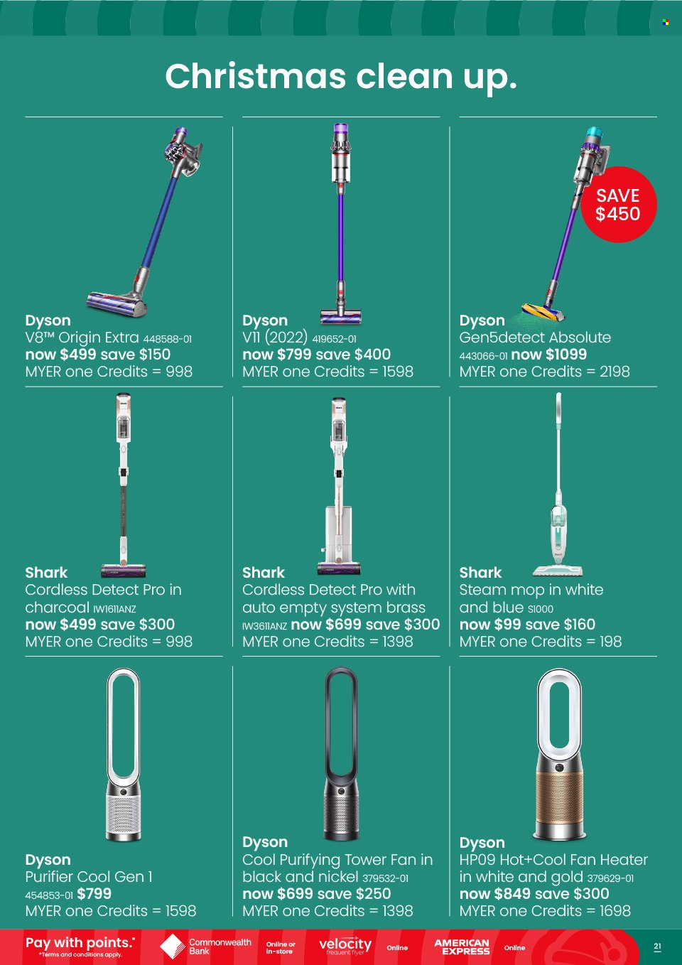 Myer Catalogue - Sales products - Absolute, mop, steam mop, Dyson, stand fan, steam cleaner. Page 21.