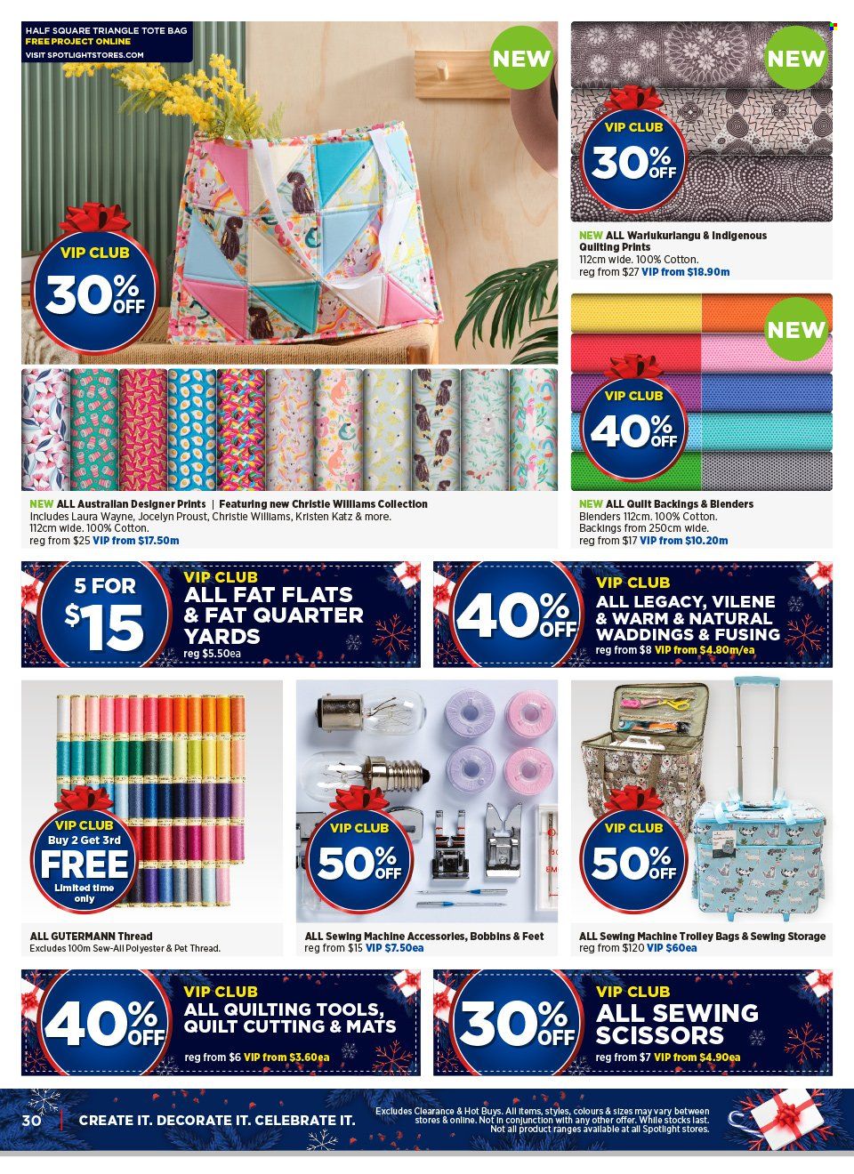 Spotlight Catalogue - 15 Nov 2023 - 3 Dec 2023 - Sales products - trolley, scissors, bag, quilt, sewing machine, tote, thread. Page 36.
