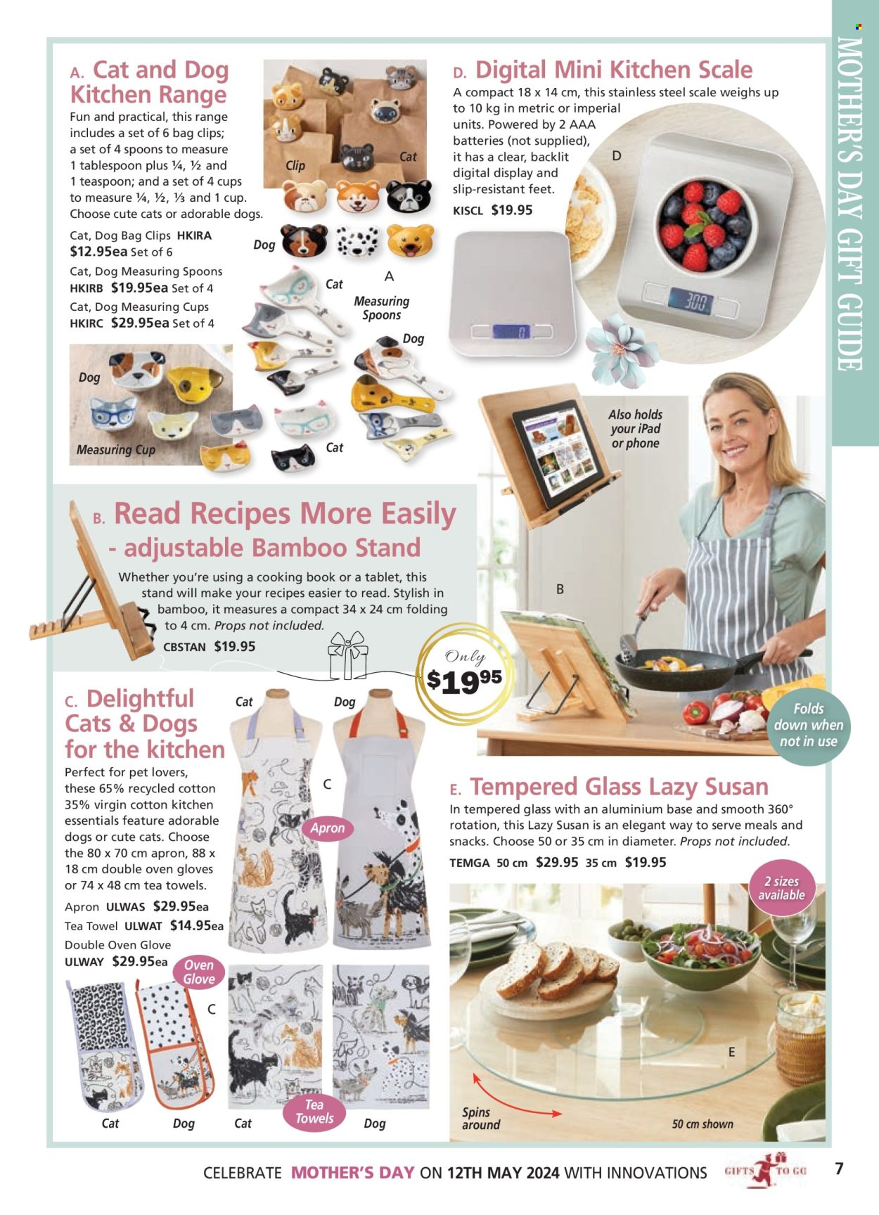 thumbnail - Innovations Catalogue - Sales products - scale, spoon, bag clips, teaspoon, kitchen scale, measuring cup, apron, book, tea towels, Apple, mini-kitchen. Page 7.