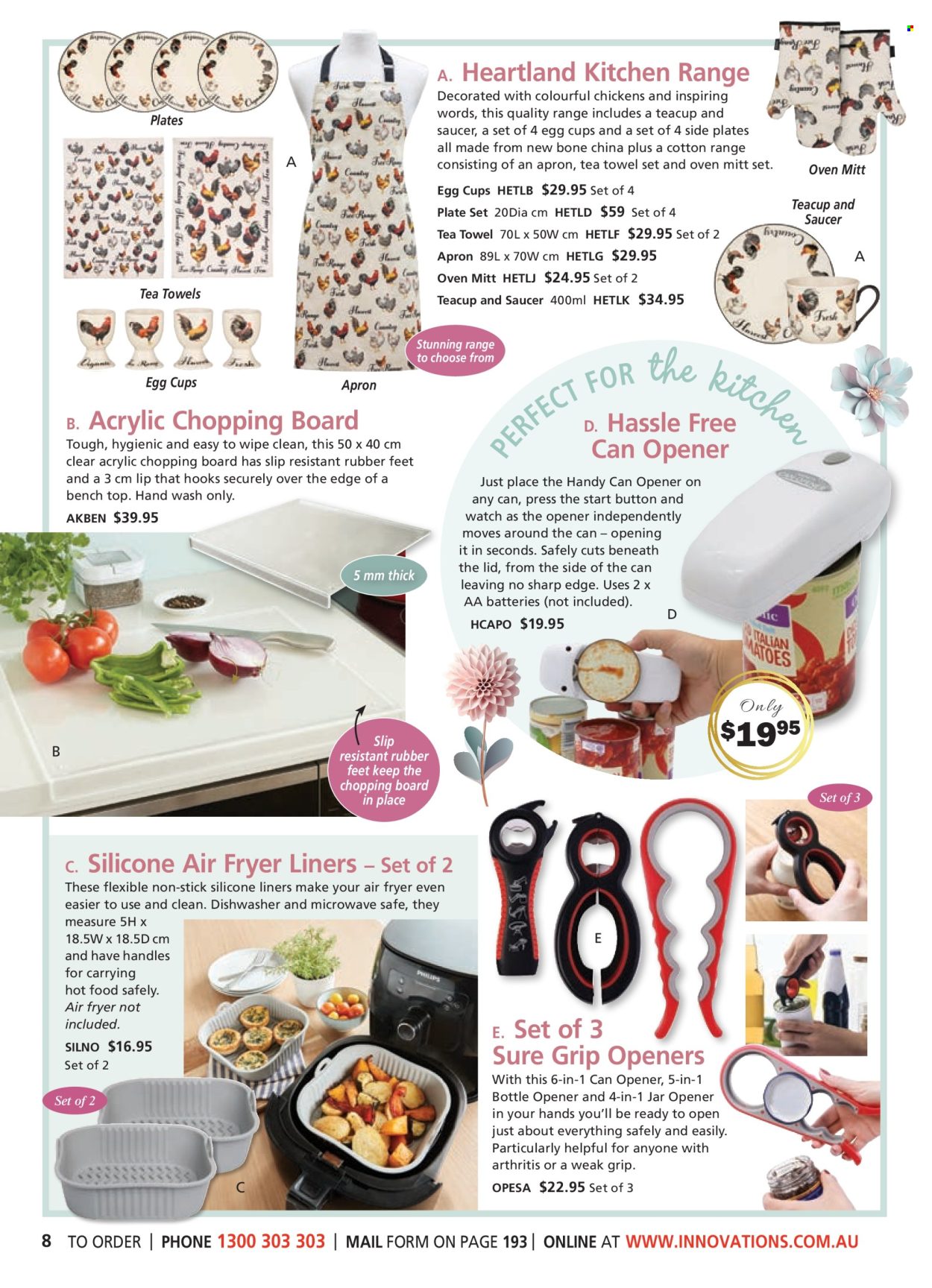 thumbnail - Innovations Catalogue - Sales products - lid, oven mitt, chopping board, saucer, bottle opener, cup, tin opener, apron, Sharp, tea towels, watch. Page 8.