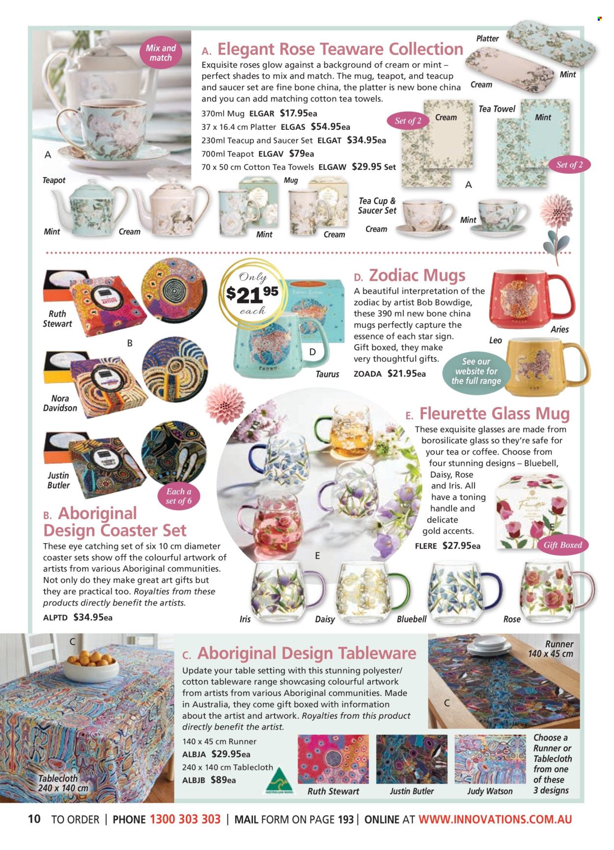 thumbnail - Innovations Catalogue - Sales products - safe, mug, tableware, teapot, saucer, platters, tea cup, tablecloth, tea towels. Page 10.