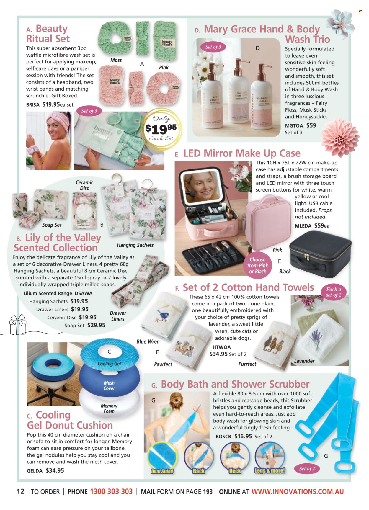thumbnail - Innovations Catalogue - Sales products - cushion, towel, hand towel, Pamper, makeup case, headband. Page 12.