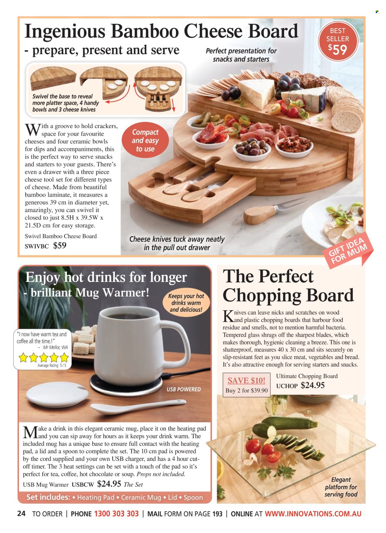 thumbnail - Innovations Catalogue - Sales products - knife, ceramic mug, lid, mug, spoon, chopping board, bowl, cheese board, platters, USB charger, heating pad. Page 24.