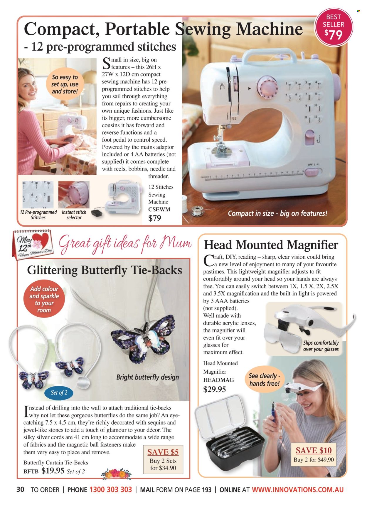 thumbnail - Innovations Catalogue - Sales products - adaptor, magnifier, Sharp, curtain, sewing machine. Page 30.