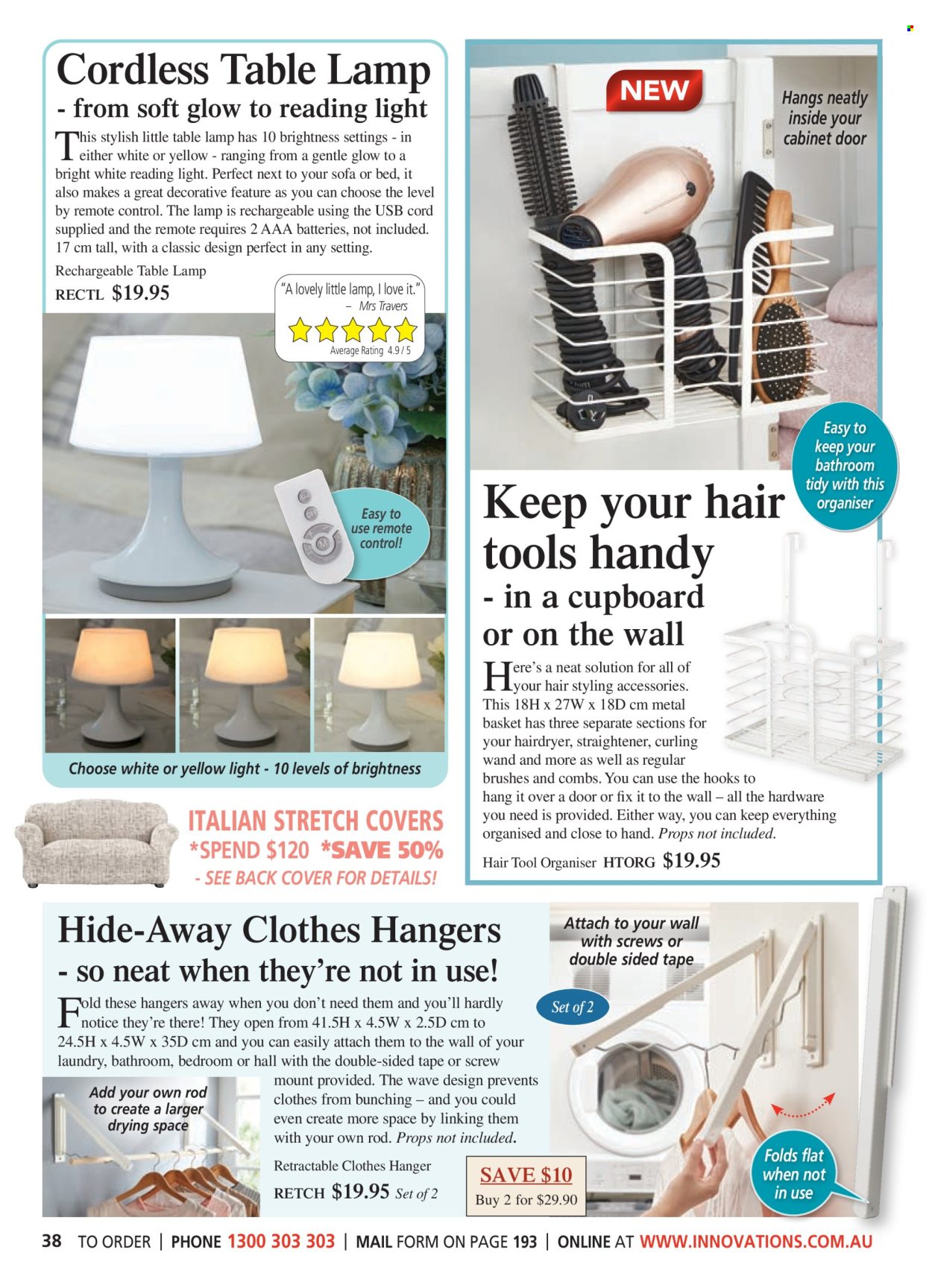 thumbnail - Innovations Catalogue - Sales products - basket, hook, hanger, book light, battery, AAA batteries, remote control, hair dryer, straightener, hair accessories, lamp, table lamp. Page 38.