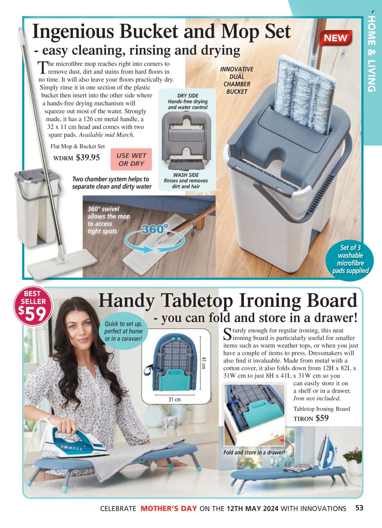 thumbnail - Innovations Catalogue - Sales products - bucket, ironing board, mop, tops. Page 53.