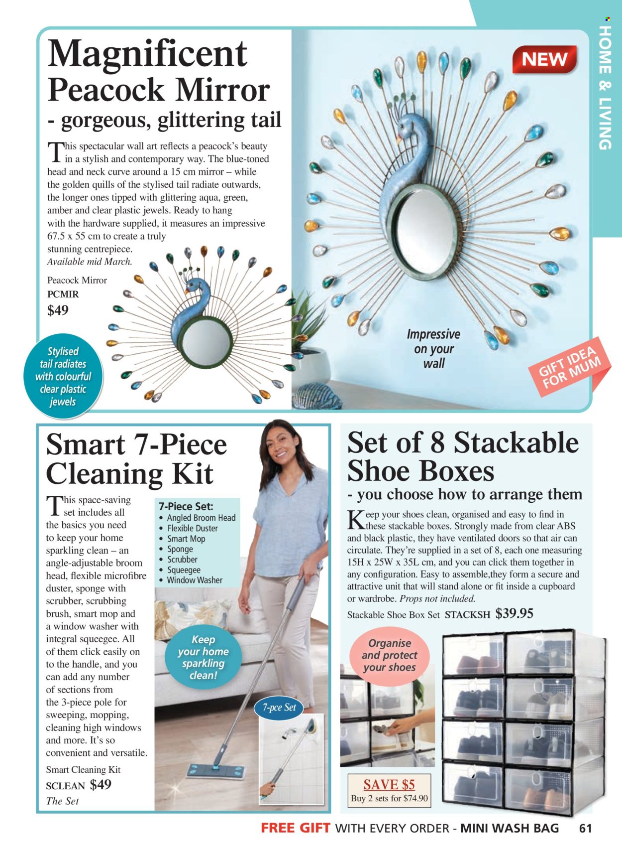 thumbnail - Innovations Catalogue - Sales products - shoe box, cleaning set, sponge, mop, duster, broom, angle broom, window washer, bag. Page 61.