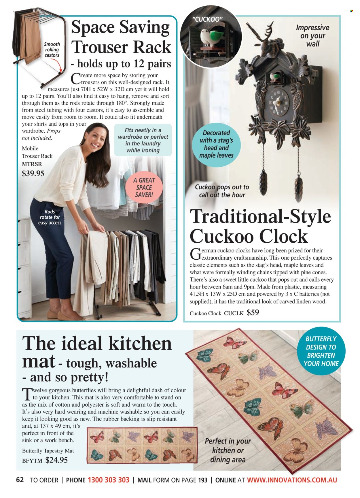 thumbnail - Innovations Catalogue - Sales products - clock, eraser, tapestry, trousers, shirt, tops. Page 62.