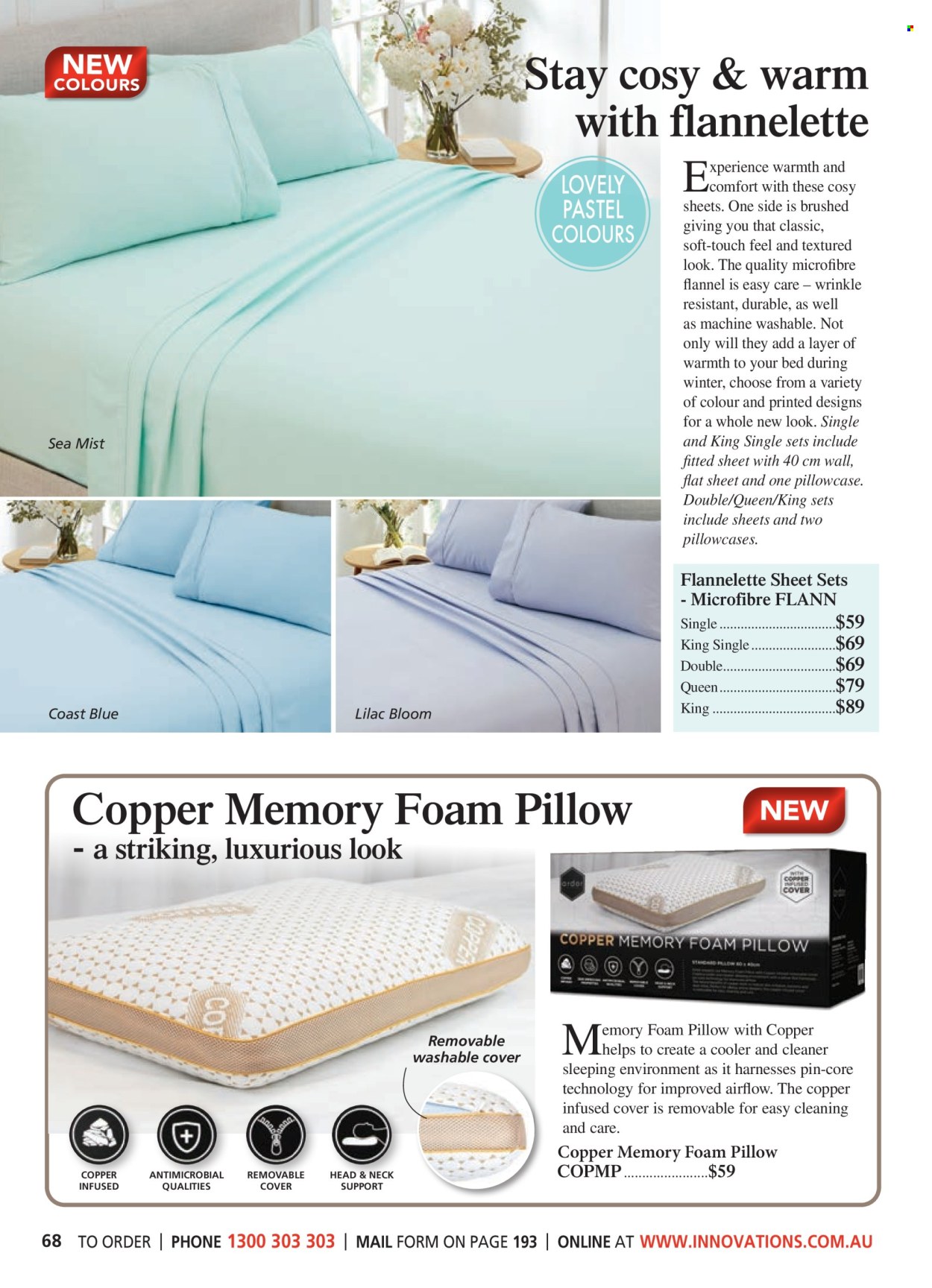 thumbnail - Innovations Catalogue - Sales products - pin, bedding, pillow, pillowcase, foam pillow, flannelette sheets, bed sheet. Page 68.