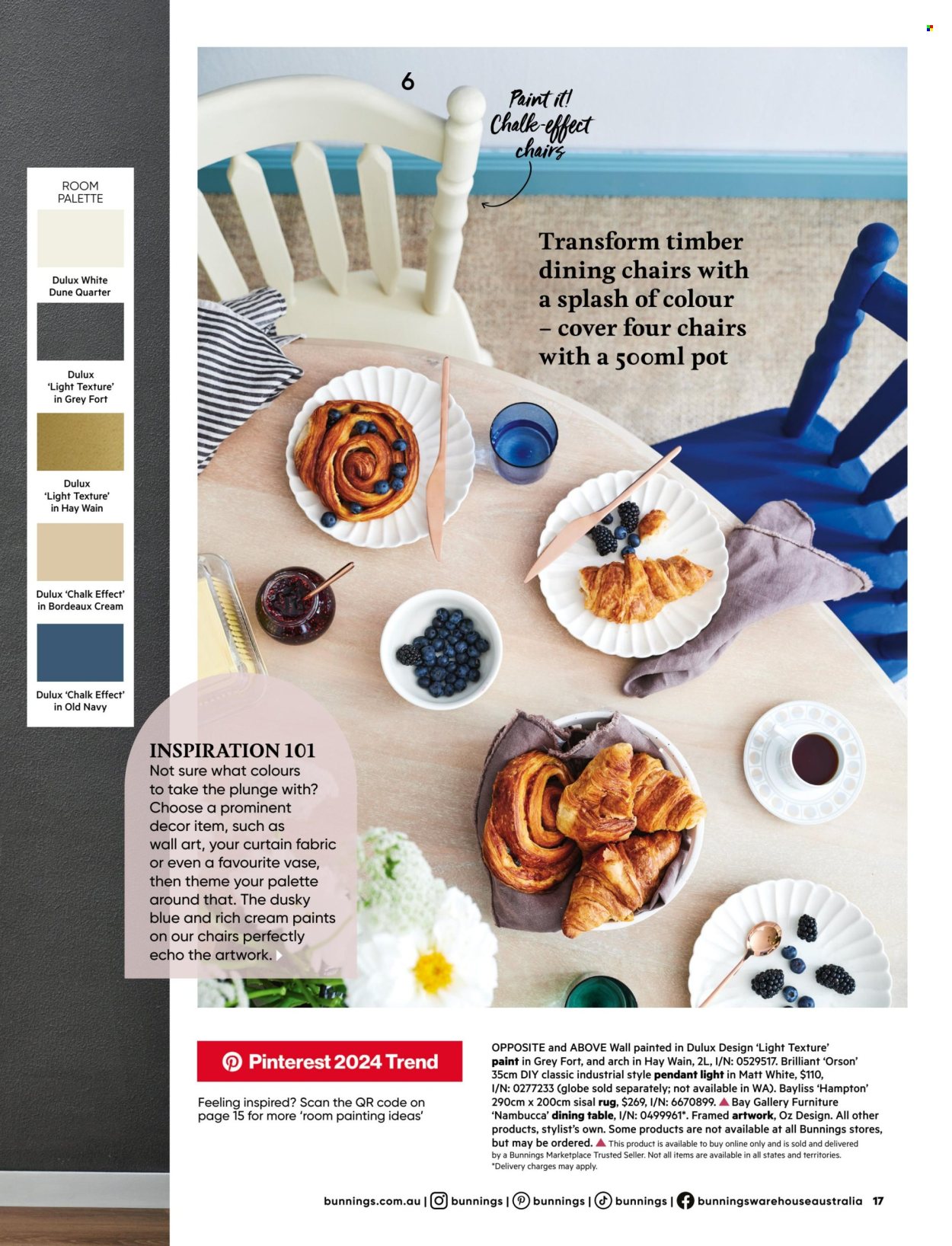 thumbnail - Bunnings Warehouse Catalogue - 1 Apr 2024 - 30 Apr 2024 - Sales products - dining table, table, chair, wall decor, vase, pot, curtain, paint, Dulux, rug. Page 17.