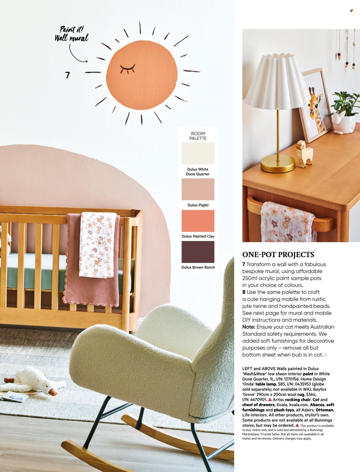 thumbnail - Bunnings Warehouse Catalogue - 1 Apr 2024 - 30 Apr 2024 - Sales products - chair, rocking chair, chest of drawers, ottoman, pot, acrylic paint, Dulux, lamp, table lamp, rug, wool rug. Page 19.