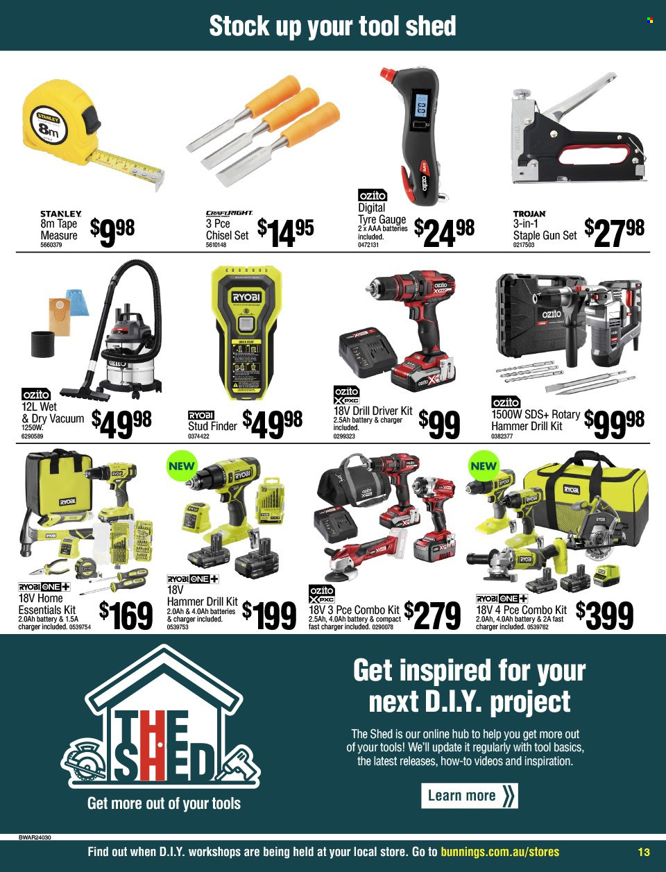 thumbnail - Bunnings Warehouse Catalogue - 3 Apr 2024 - 30 Apr 2024 - Sales products - AAA batteries, Stanley, drill driver kit, Ryobi, hammer drill, combo kit, measuring tape, staple gun, gauge, shed. Page 13.