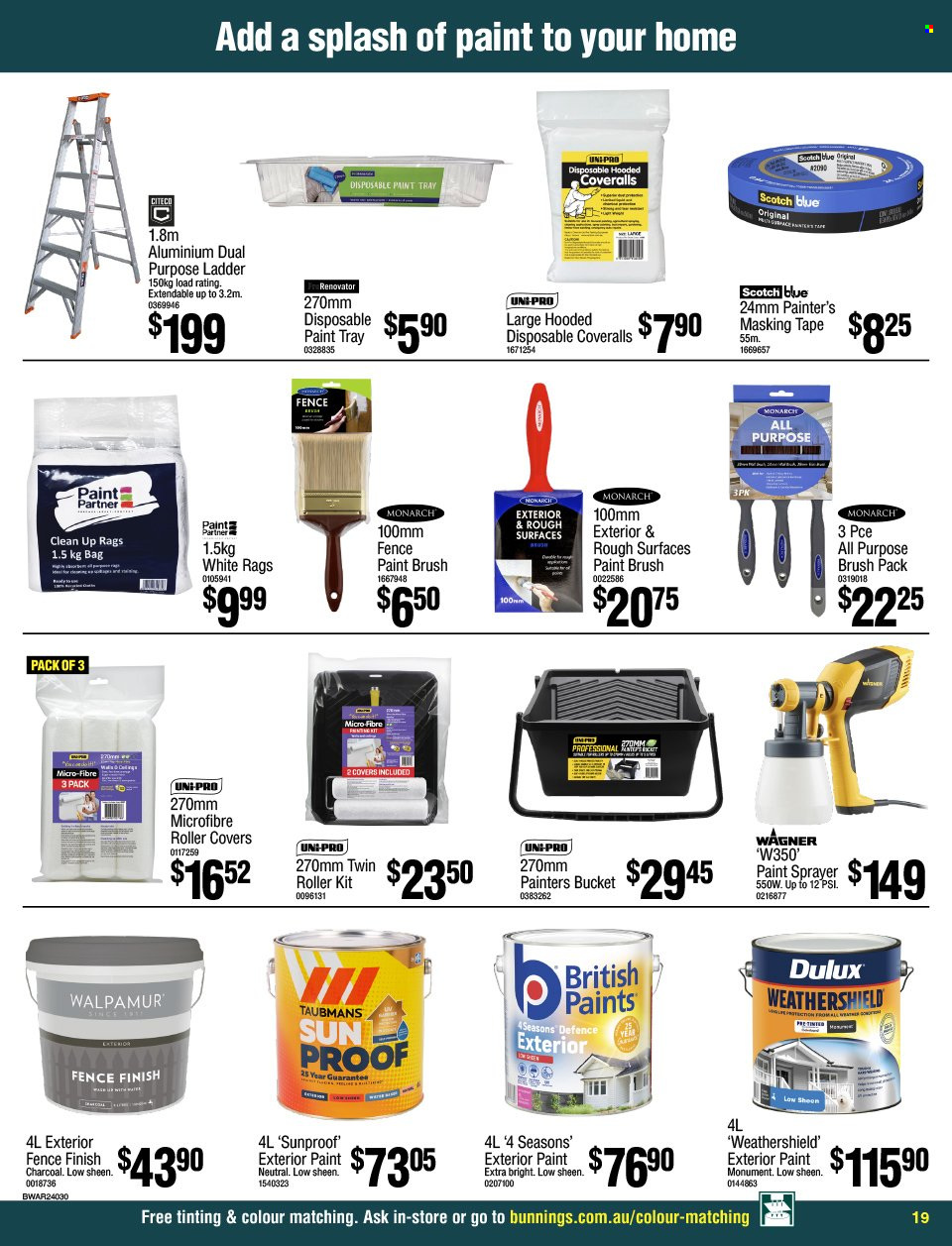 thumbnail - Bunnings Warehouse Catalogue - 3 Apr 2024 - 30 Apr 2024 - Sales products - paint brush, roller, ladder, masking tape, scotch blue, paint sprayer, roller cover, Dulux. Page 19.