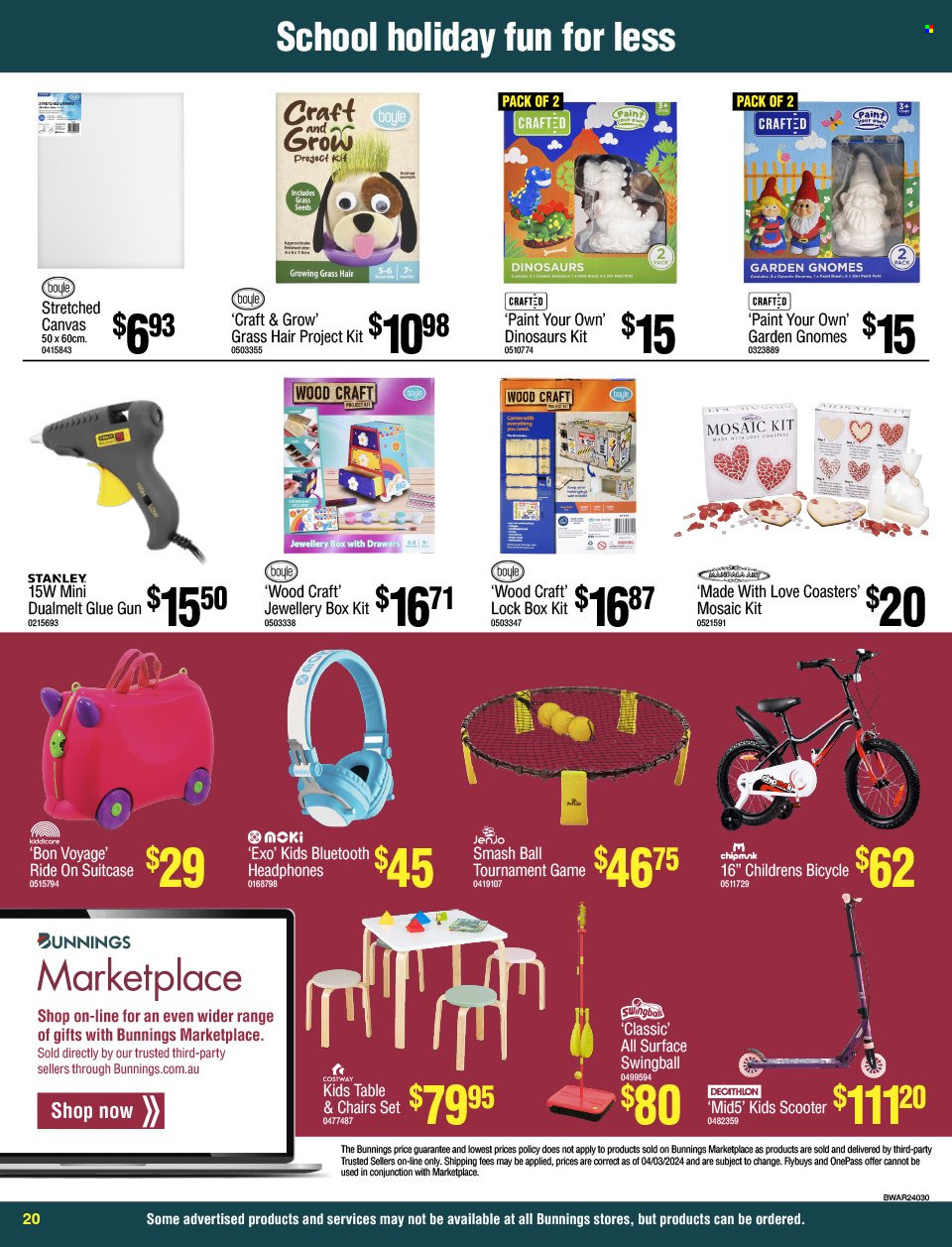 thumbnail - Bunnings Warehouse Catalogue - 3 Apr 2024 - 30 Apr 2024 - Sales products - table, chair, jewelry box, coasters, headphones, wireless headphones, paint, Stanley, glue gun. Page 20.