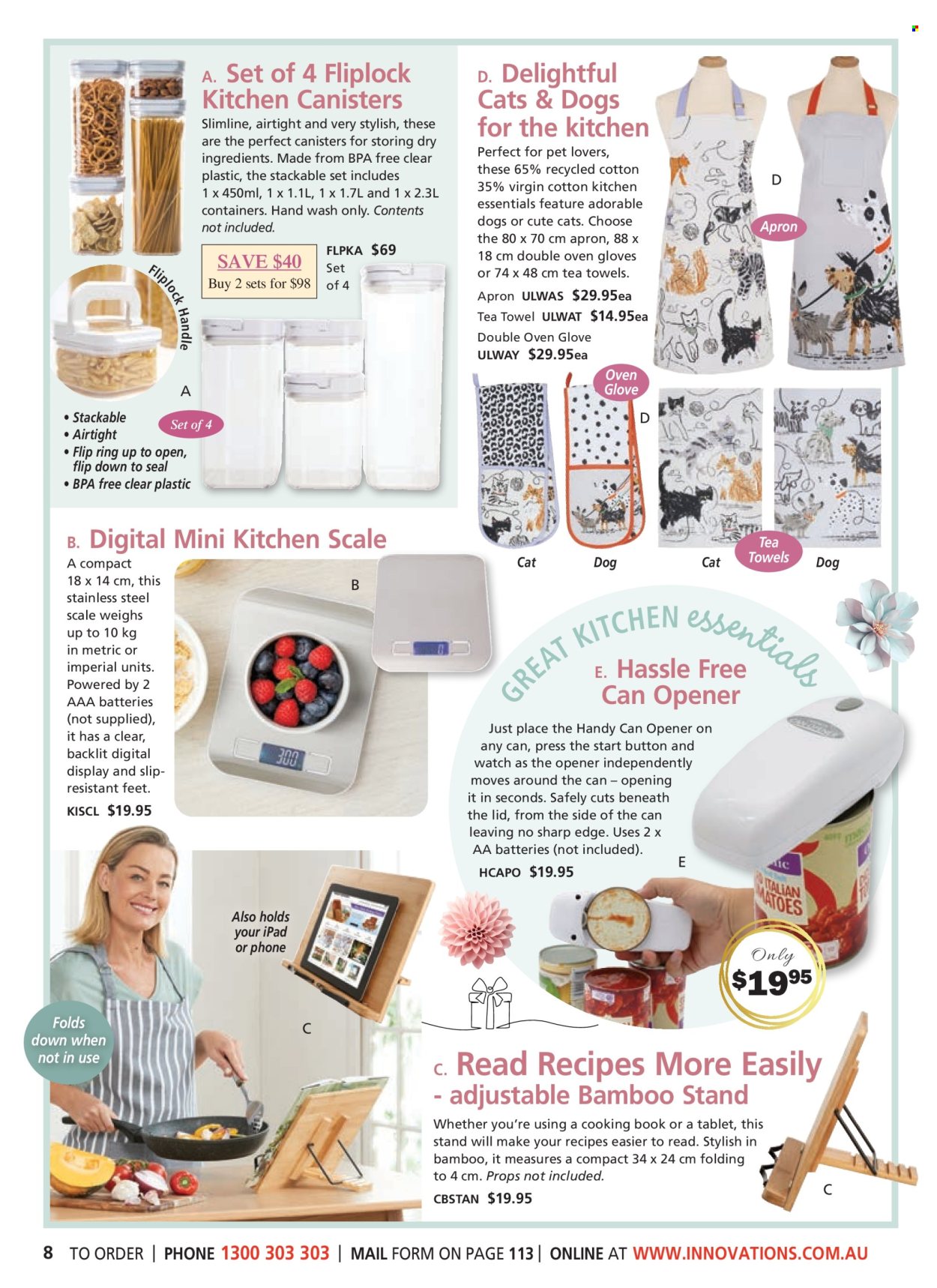 thumbnail - Innovations Catalogue - Sales products - scale, lid, tin opener, kitchen scale, container, apron, Sharp, book, tea towels, Apple, mini-kitchen, watch. Page 8.