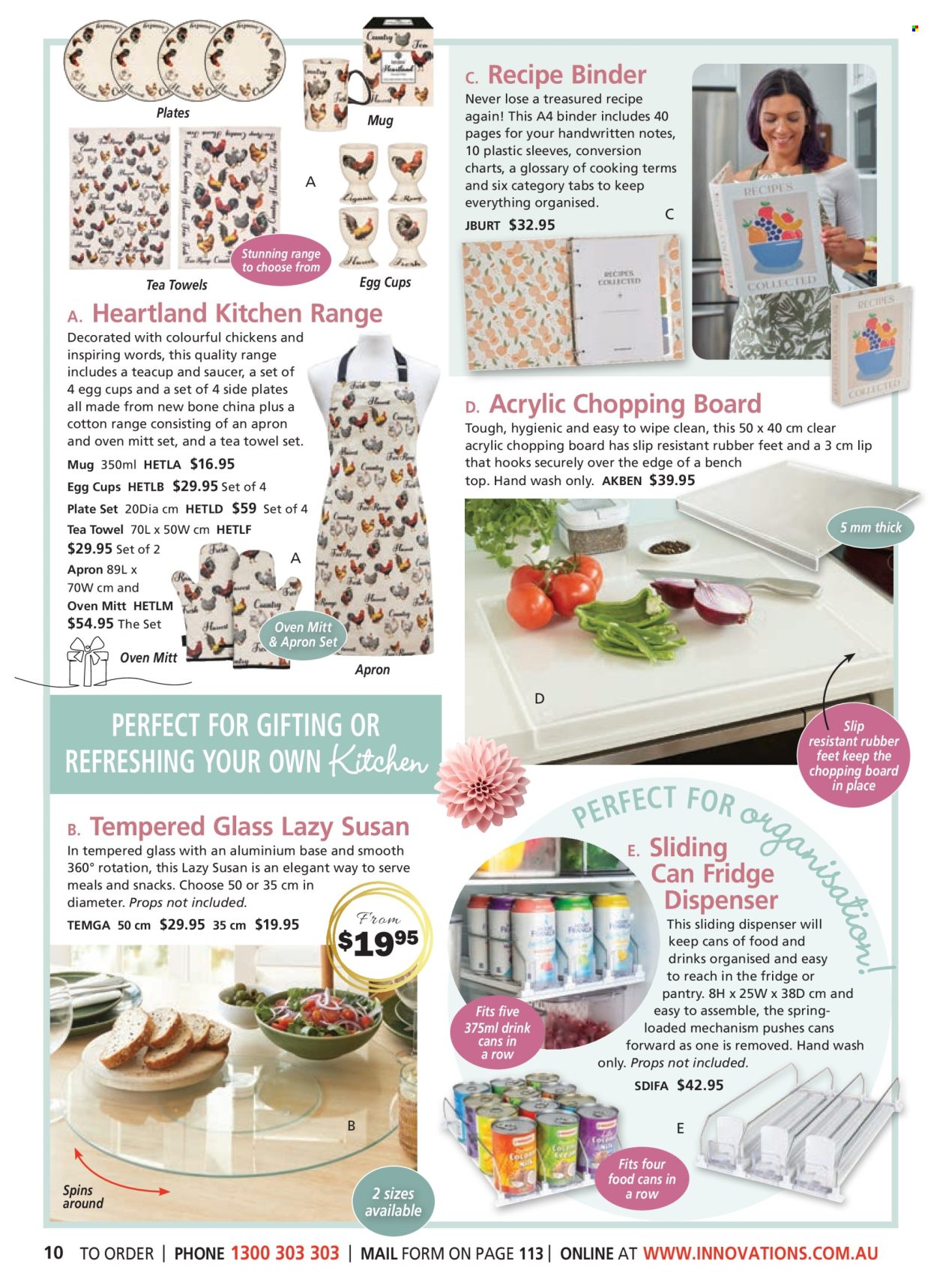 thumbnail - Innovations Catalogue - Sales products - dispenser, mug, plate, oven mitt, chopping board, saucer, cup, apron, tea towels, eggs. Page 10.