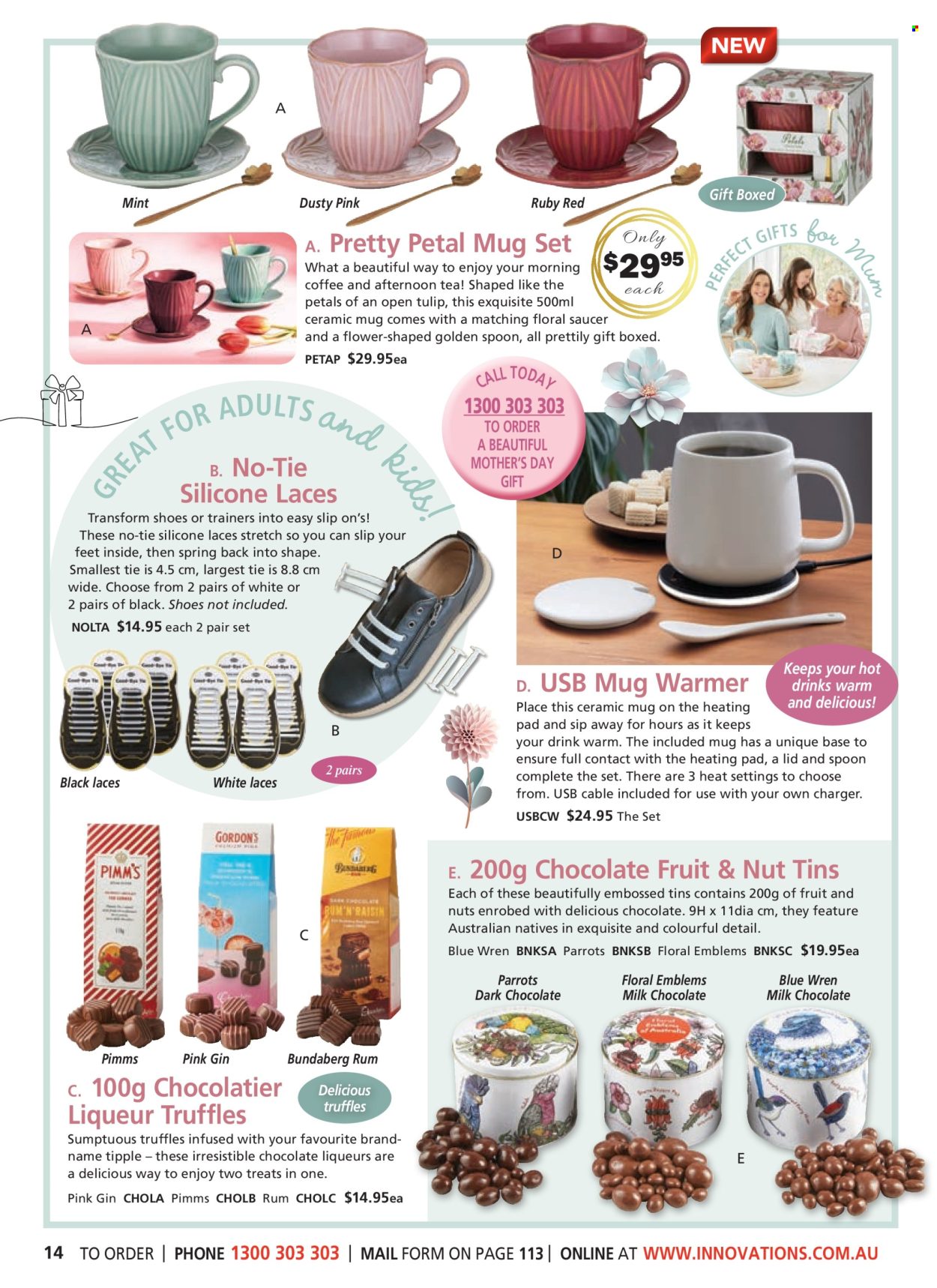 thumbnail - Innovations Catalogue - Sales products - shoes, trainers, ceramic mug, lid, mug, spoon, saucer, heating pad. Page 14.