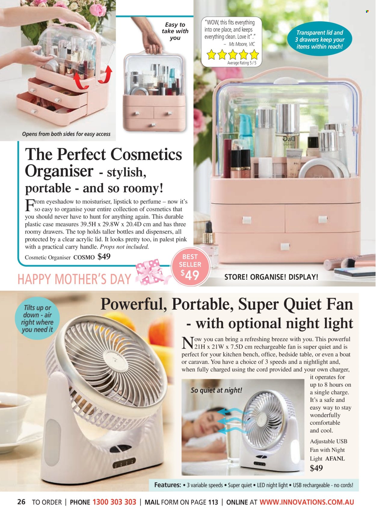 thumbnail - Innovations Catalogue - Sales products - lid, bag, rechargeable fan, USB fan, nightlight. Page 26.