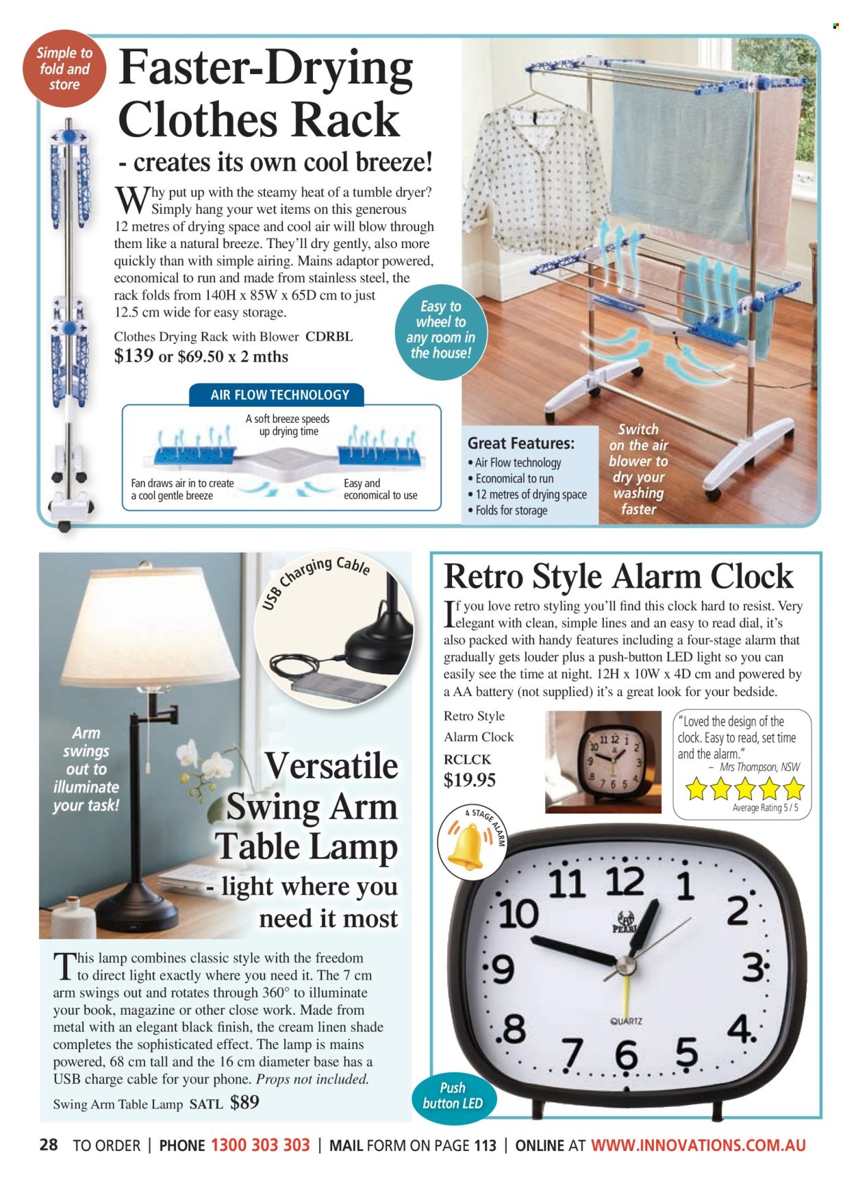 thumbnail - Innovations Catalogue - Sales products - clock, alarm clock, drying rack, adaptor, book, linens, USB fan, lamp, LED light, table lamp. Page 28.