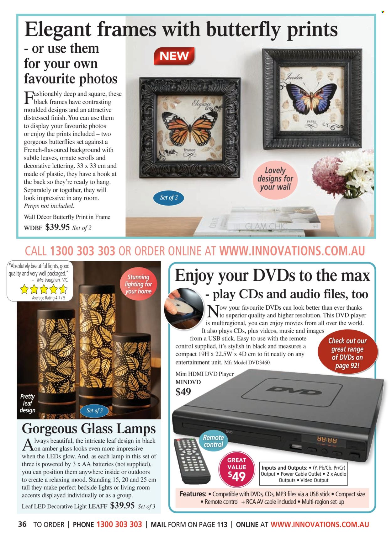 thumbnail - Innovations Catalogue - Sales products - hook, bag, dvd player, RCA, remote control, lamp, lighting, decorative light. Page 36.