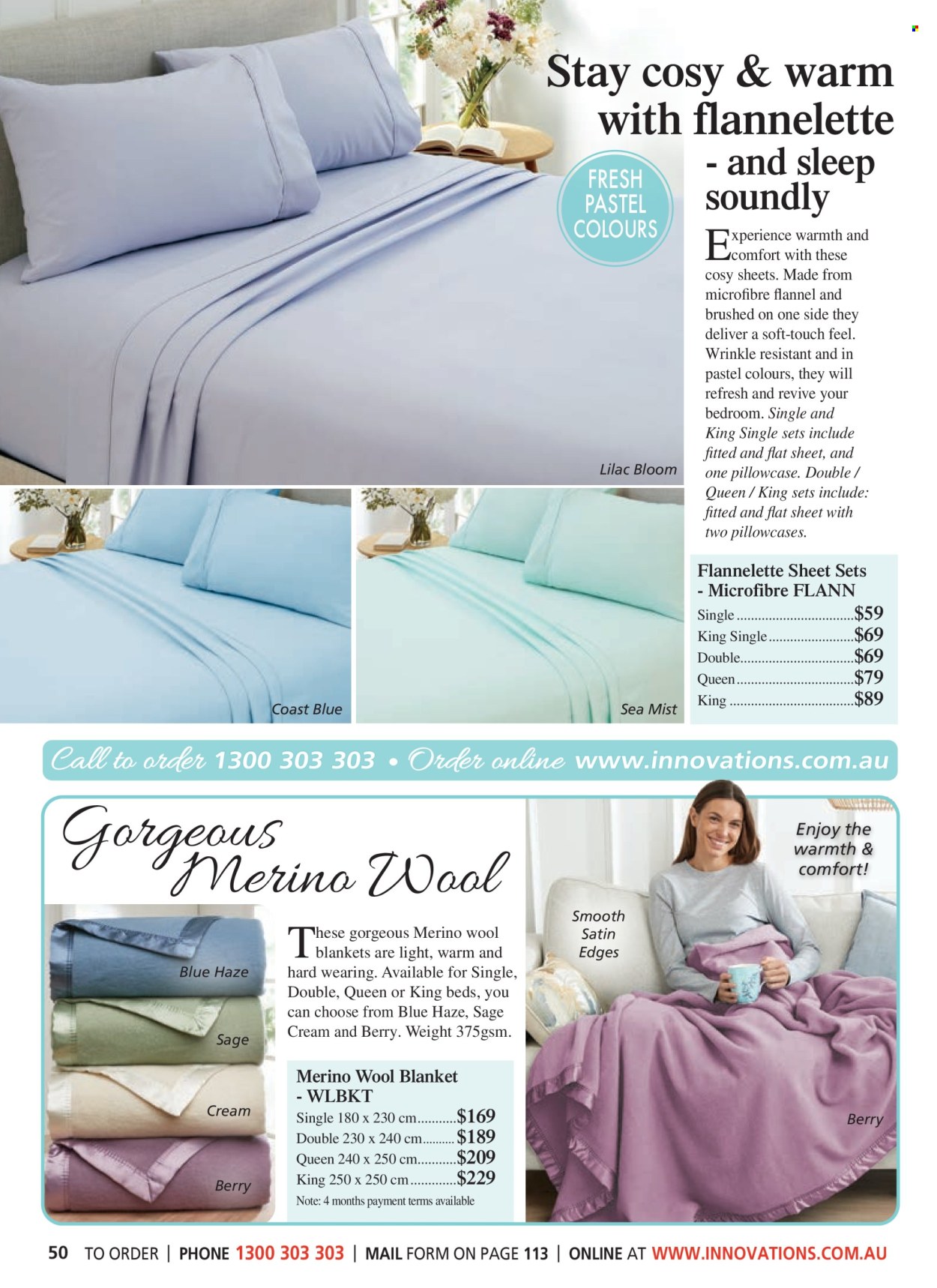 thumbnail - Innovations Catalogue - Sales products - bedding, blanket, pillowcase, flannelette sheets, wool throw, bed sheet. Page 50.