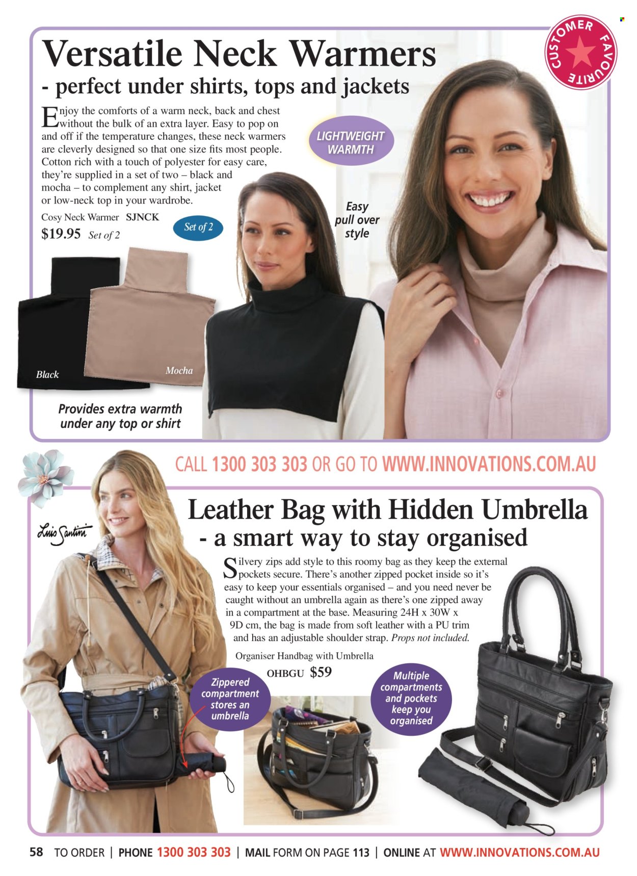 thumbnail - Innovations Catalogue - Sales products - jacket, shirt, neck warmer, handbag, leather bag, umbrella. Page 58.
