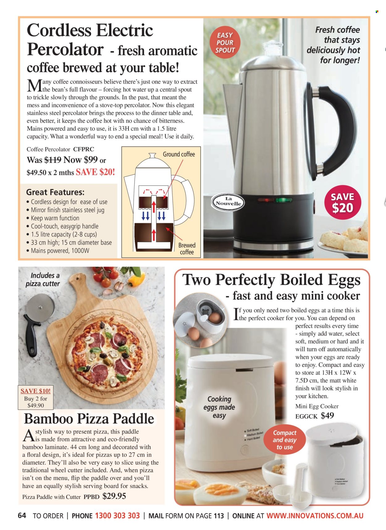 thumbnail - Innovations Catalogue - Sales products - cup, cutter, serving board, insulated jug, pizza paddle, egg cooker. Page 64.