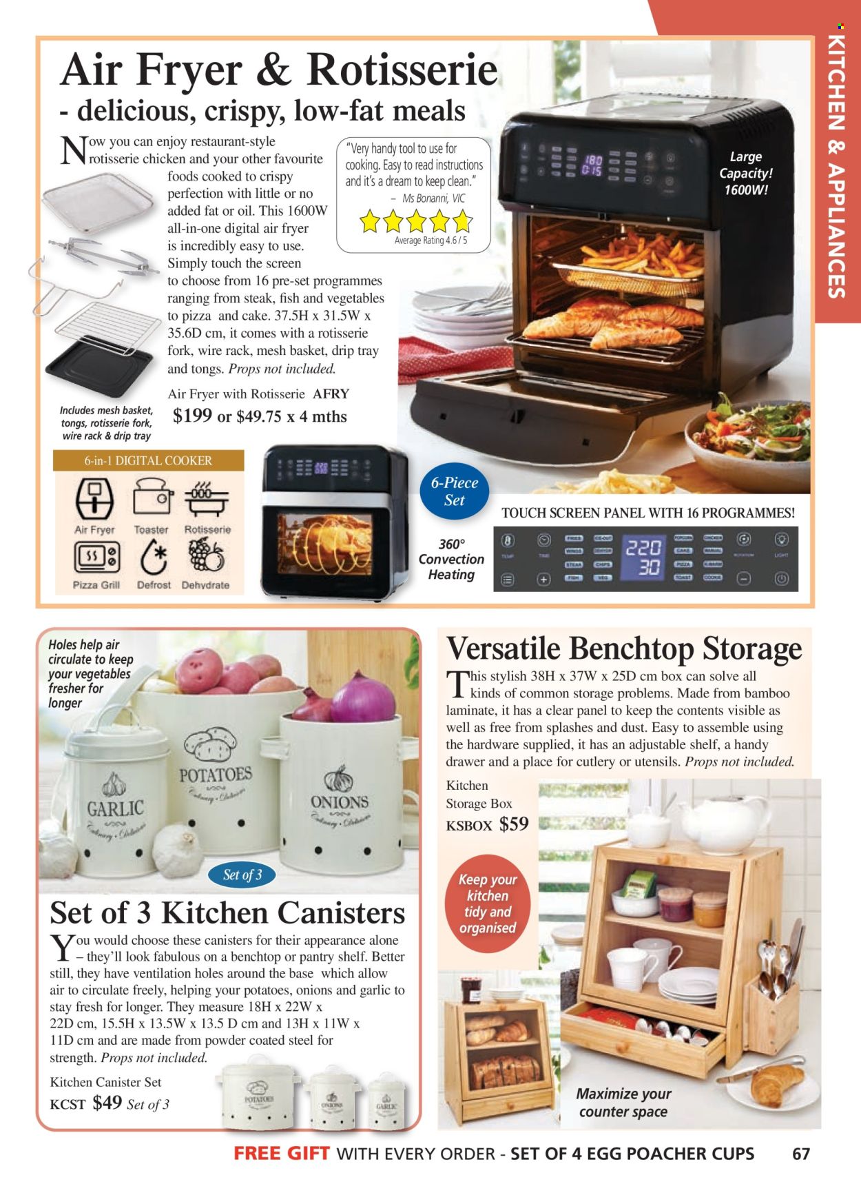 thumbnail - Innovations Catalogue - Sales products - canister, fork, tong, utensils, cup, air fryer, eggs. Page 67.