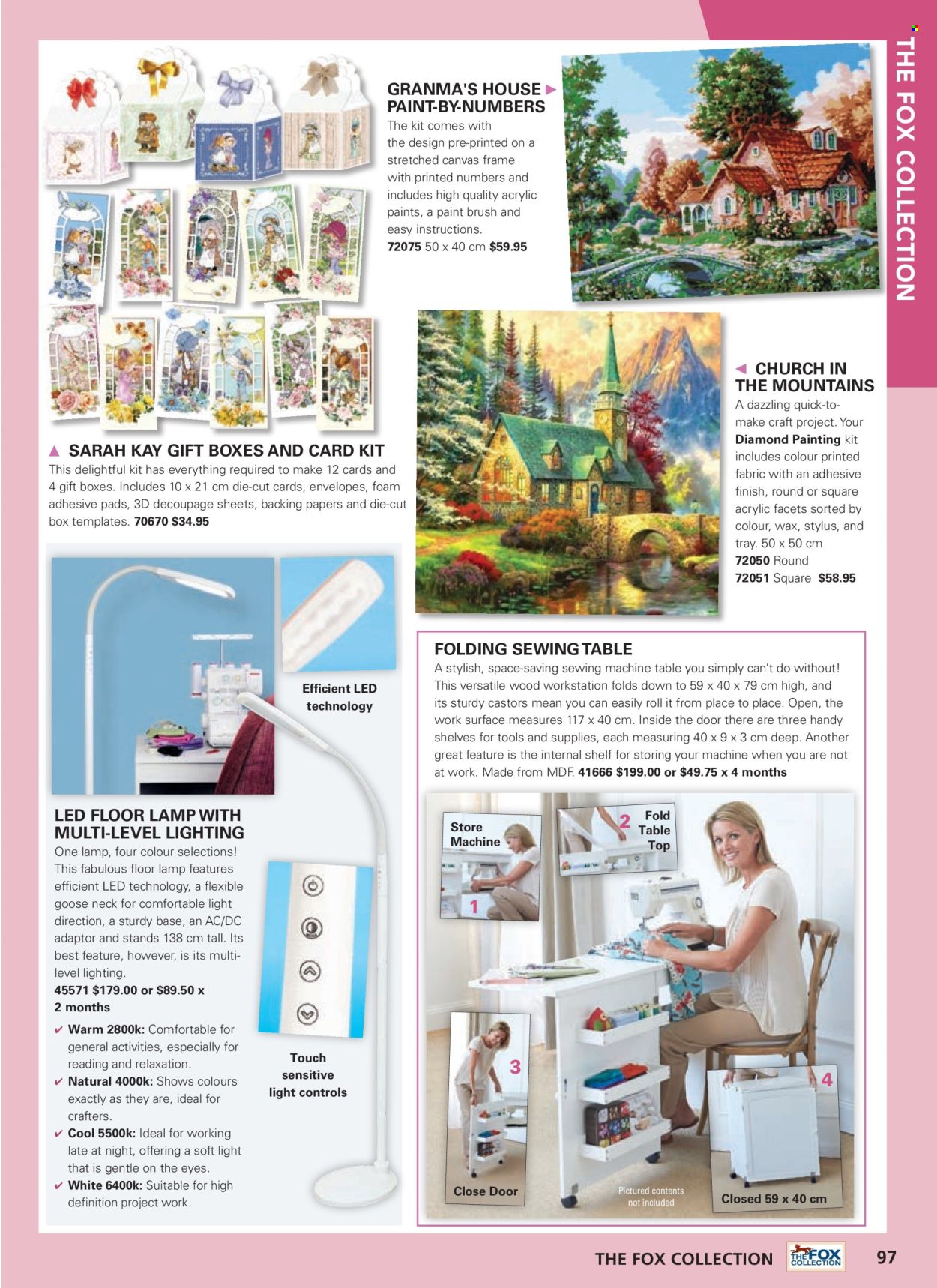 thumbnail - Innovations Catalogue - Sales products - adaptor, paint brush, gift box, envelope, painting kit, canvas, drawing tools, acrylic paint, sewing machine, lamp, lighting, floor lamp. Page 97.