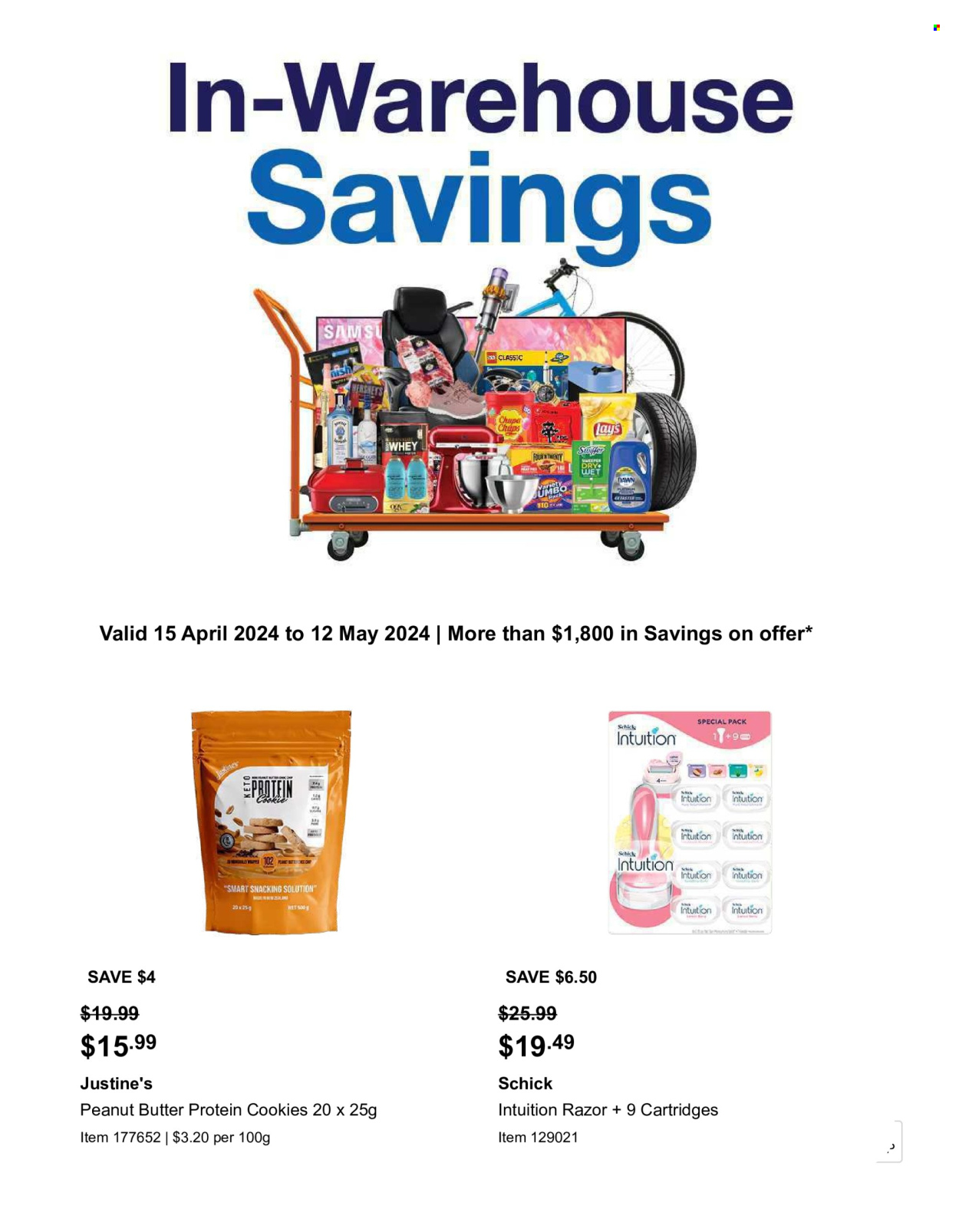 thumbnail - Costco Catalogue - 15 Apr 2024 - 12 May 2024 - Sales products - cookies, lollipop, Hershey's, protein cookie, Chupa Chups, salty snack, peanut butter, Swiffer, razor, Schick. Page 1.