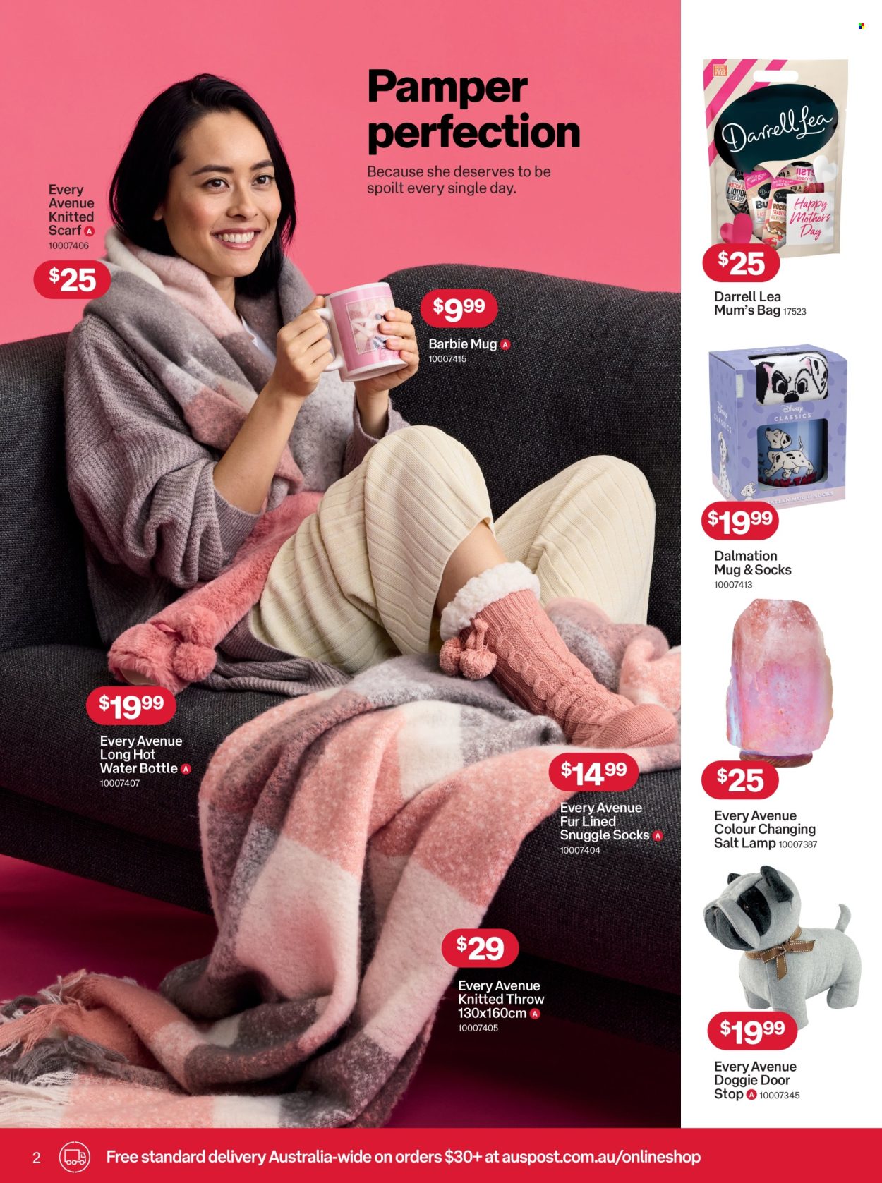 thumbnail - Australia Post Catalogue - 15 Apr 2024 - 12 May 2024 - Sales products - thermophor, Barbie, Disney, mug, bag, blanket, lamp, salt lamp. Page 2.