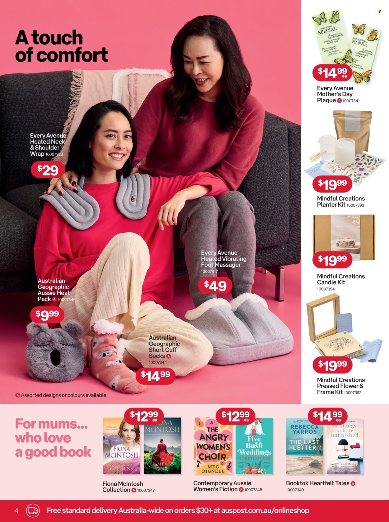 thumbnail - Australia Post Catalogue - 15 Apr 2024 - 12 May 2024 - Sales products - Aussie, candle, glass candle, book, McIntosh, massager, foot massager, heating pad. Page 4.