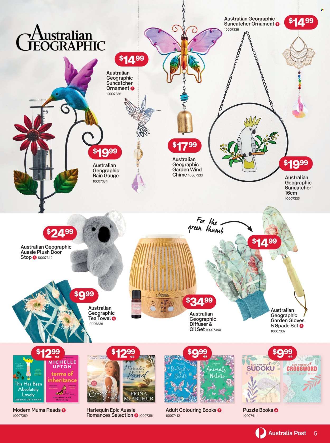 thumbnail - Australia Post Catalogue - 15 Apr 2024 - 12 May 2024 - Sales products - Aussie, gloves, drawing book, diffuser, puzzle book, tea towels, crocodile. Page 5.