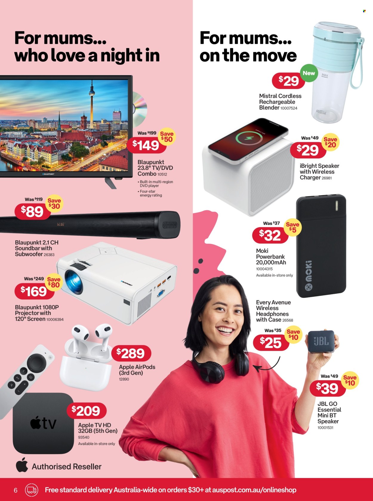 thumbnail - Australia Post Catalogue - 15 Apr 2024 - 12 May 2024 - Sales products - Apple, power bank, smart tv, TV, dvd player, projector, speaker, subwoofer, JBL, sound bar, headphones, wireless headphones, Airpods, earbuds, blender. Page 6.
