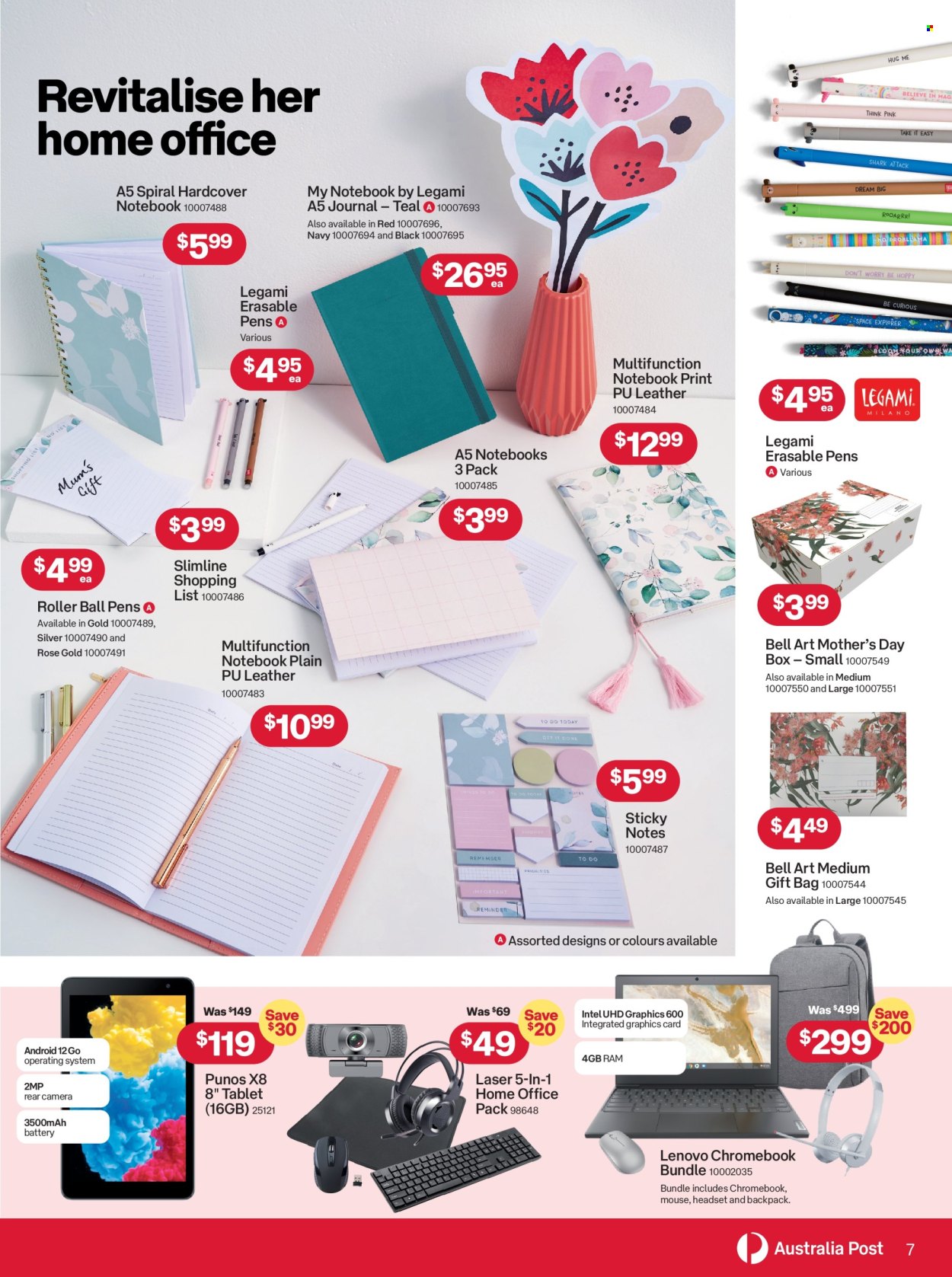 thumbnail - Australia Post Catalogue - 15 Apr 2024 - 12 May 2024 - Sales products - Lenovo, tablet, chromebook, pen, gift bag, sticky memos, spiral notebook, laptop, mouse, Intel, camera, headset, roller, laser. Page 7.
