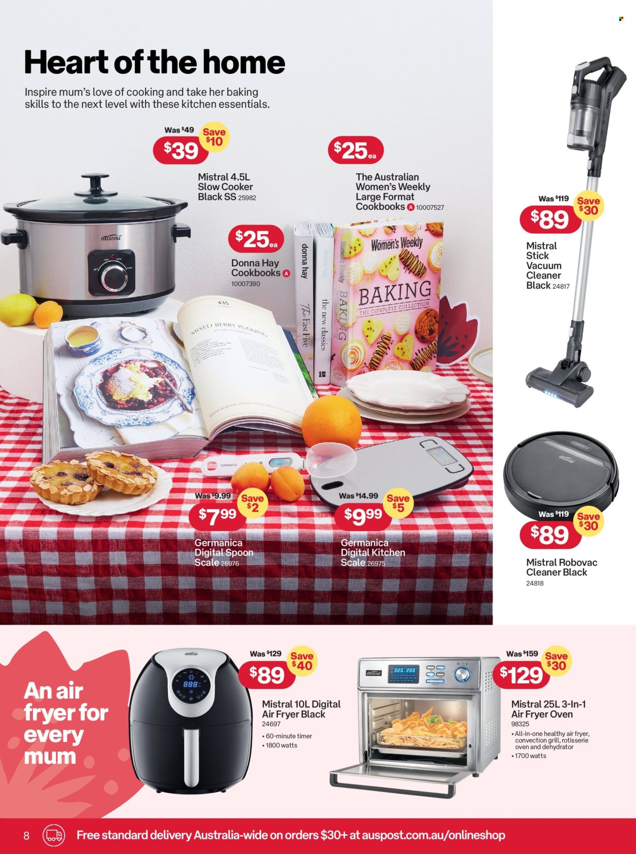 thumbnail - Australia Post Catalogue - 15 Apr 2024 - 12 May 2024 - Sales products - scale, spoon, kitchen scale, cookbook, vacuum cleaner, slow cooker, air fryer, dehydrator. Page 8.