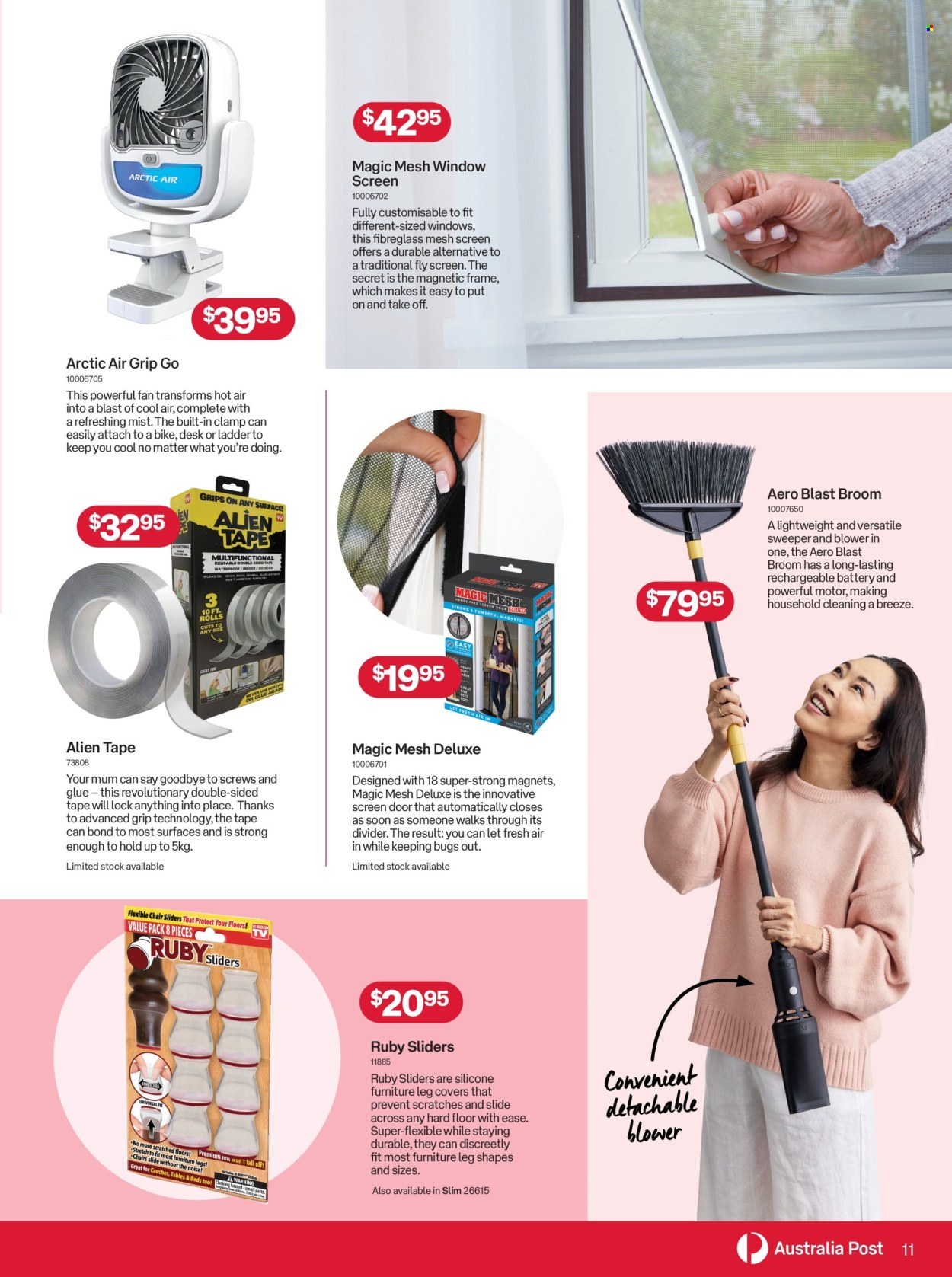 thumbnail - Australia Post Catalogue - 15 Apr 2024 - 12 May 2024 - Sales products - broom, glue, rechargeable battery. Page 11.