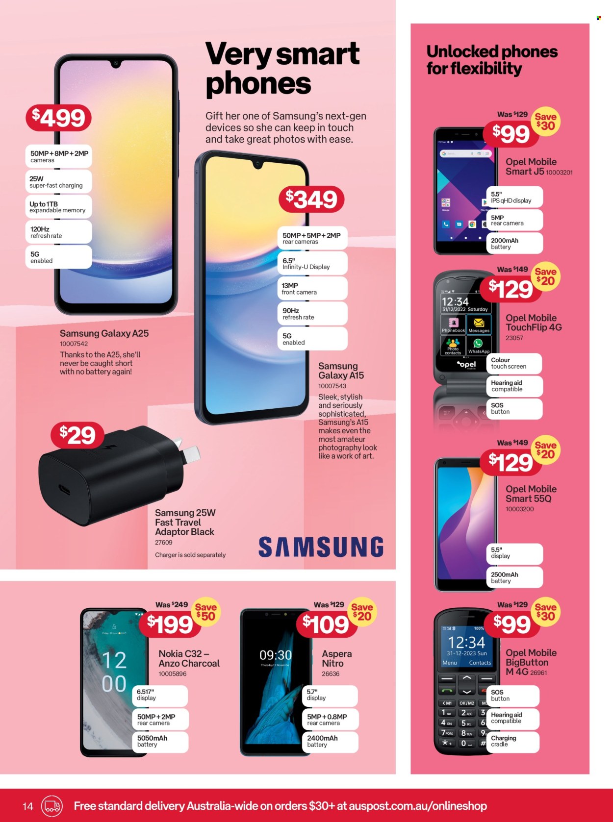 thumbnail - Australia Post Catalogue - 15 Apr 2024 - 12 May 2024 - Sales products - Samsung Galaxy, Infinity, adaptor, battery, ANZO, Samsung, Nokia, Aspera, camera. Page 14.