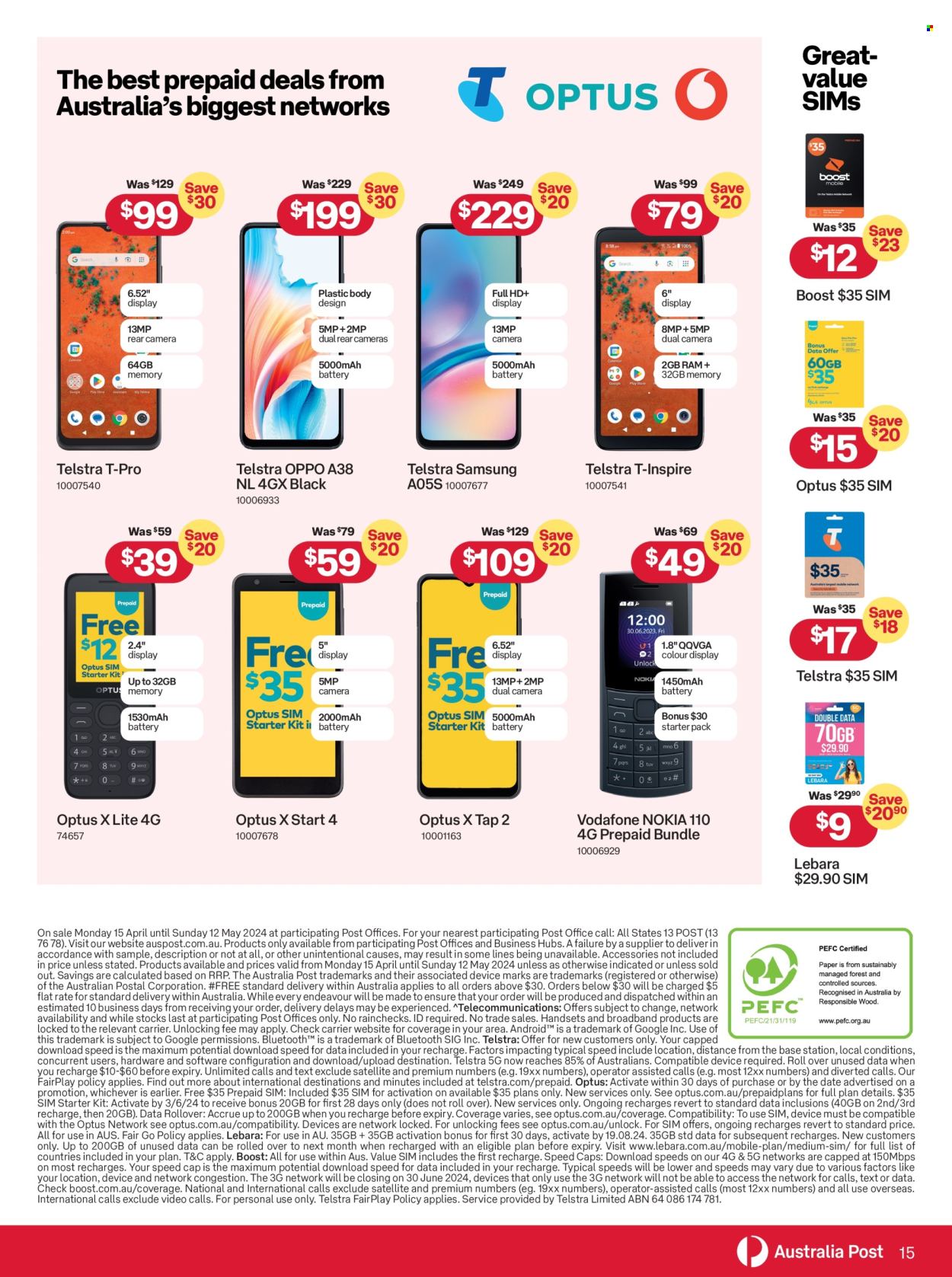 thumbnail - Australia Post Catalogue - 15 Apr 2024 - 12 May 2024 - Sales products - Samsung, Nokia, Oppo, phone, smartphone, Optus, SIM card, camera, satellite. Page 15.