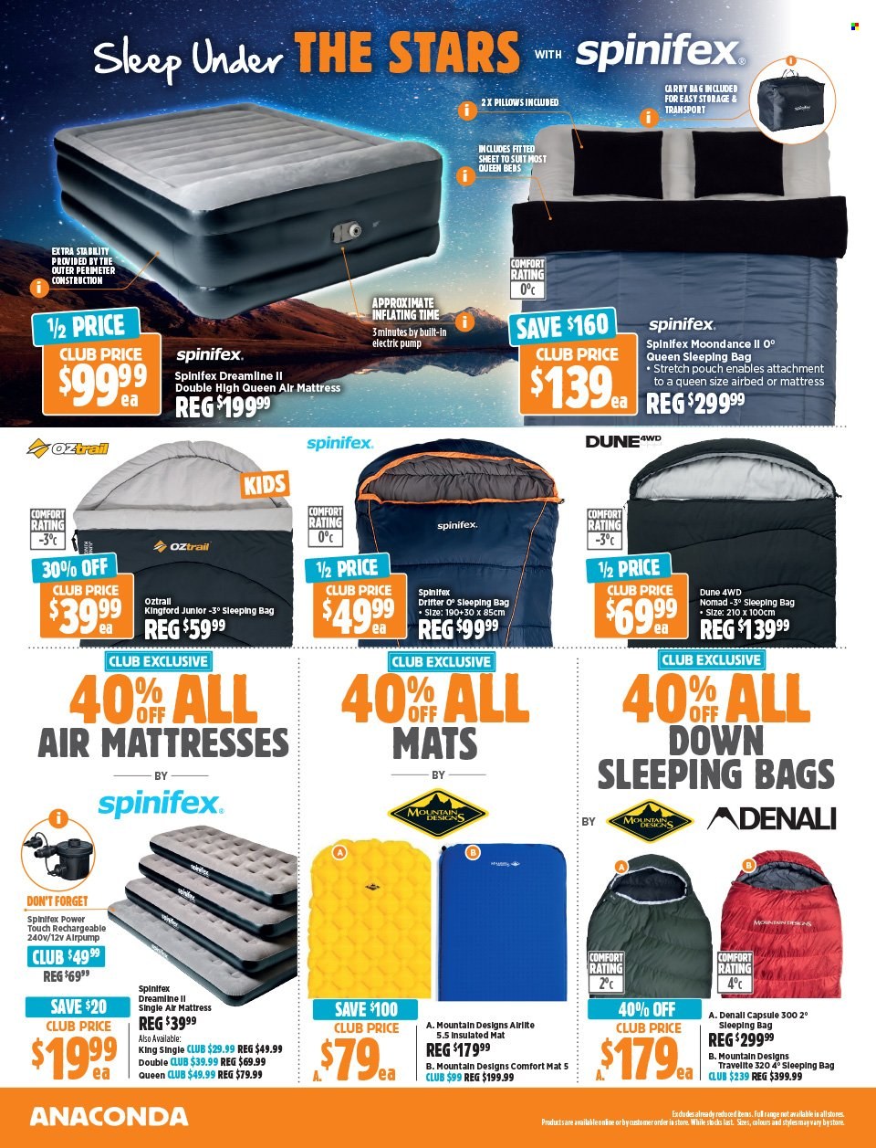 thumbnail - Anaconda Catalogue - 15 Apr 2024 - 5 May 2024 - Sales products - pillow, bed sheet, air mattress, bed, airbed, carry bag, pump, sleeping bag. Page 26.