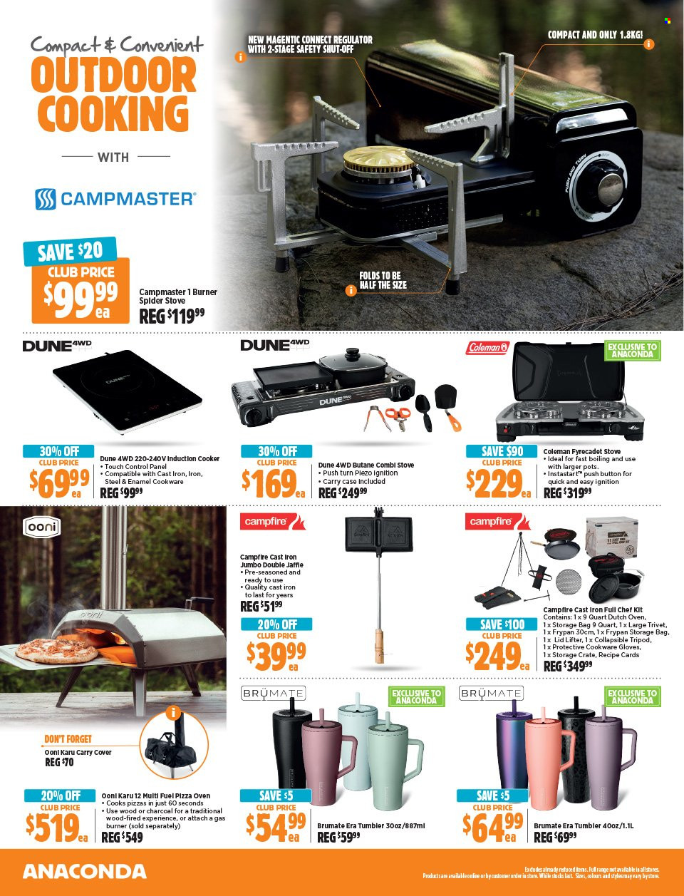 thumbnail - Anaconda Catalogue - 15 Apr 2024 - 5 May 2024 - Sales products - Coleman, cookware set, lid, tumbler, pot, frying pan, cast iron dutch oven, coasters, Campfire, gloves, stove, storage bag, Campmaster, crate. Page 28.