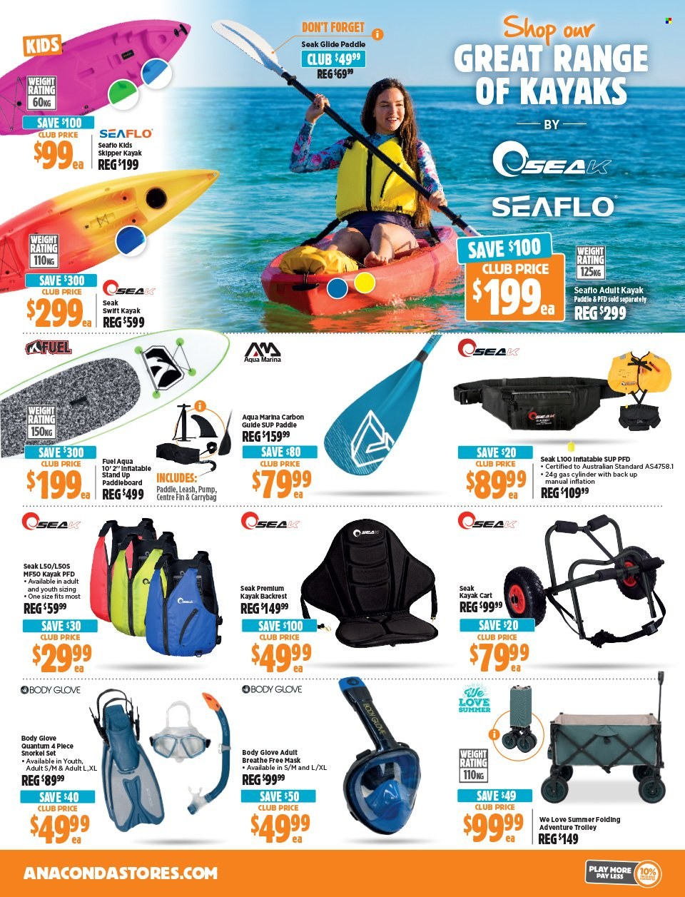 thumbnail - Anaconda Catalogue - 15 Apr 2024 - 5 May 2024 - Sales products - back pillow, trolley, pump, kayak paddle, paddleboard, cart, gas cylinder. Page 35.
