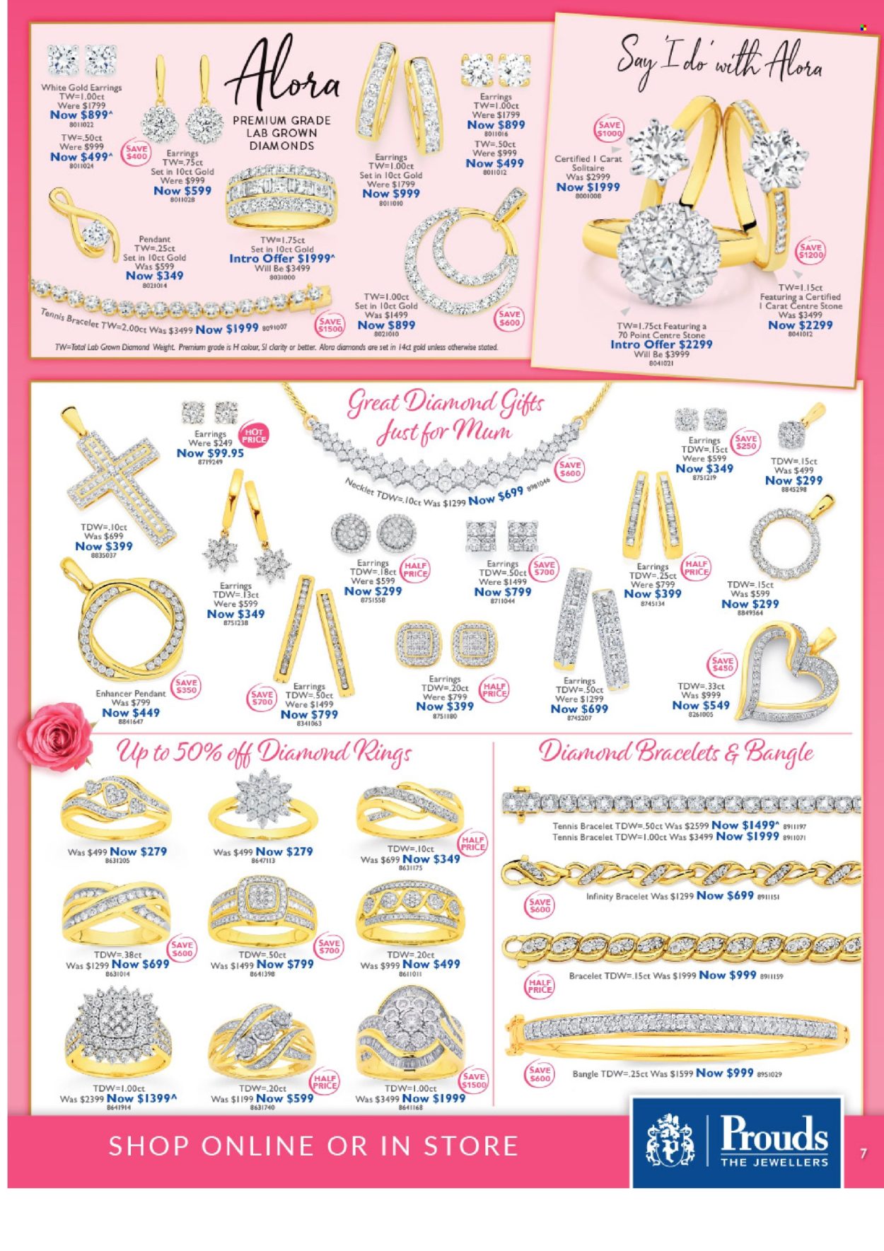 thumbnail - Prouds The Jewellers Catalogue - 15 Apr 2024 - 12 May 2024 - Sales products - bracelet, pendant, diamond ring, earrings. Page 7.
