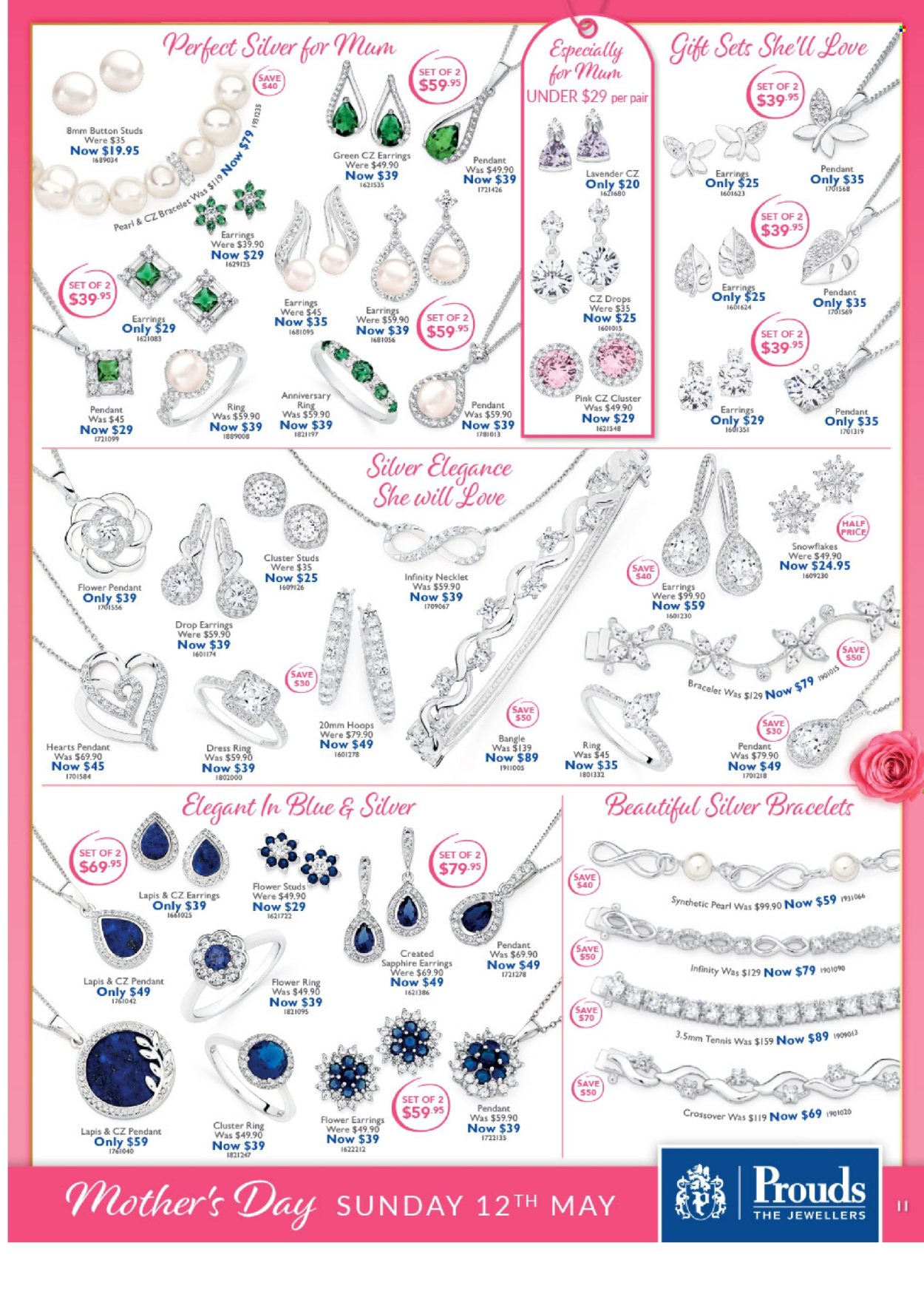 thumbnail - Prouds The Jewellers Catalogue - 15 Apr 2024 - 12 May 2024 - Sales products - bracelet, studs, pendant, earrings. Page 11.