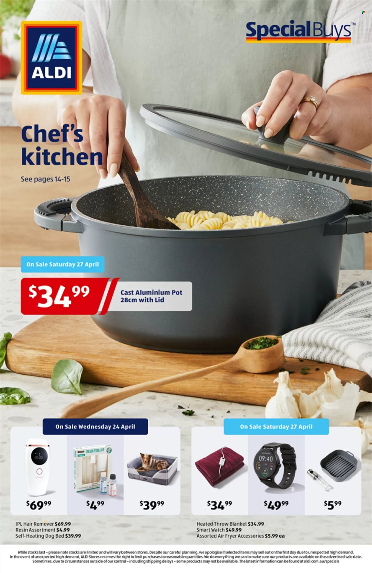 thumbnail - ALDI Catalogue - 24 Apr 2024 - 30 Apr 2024 - Sales products - blanket, dog bed, smart watch, air fryer, heated throw. Page 1.