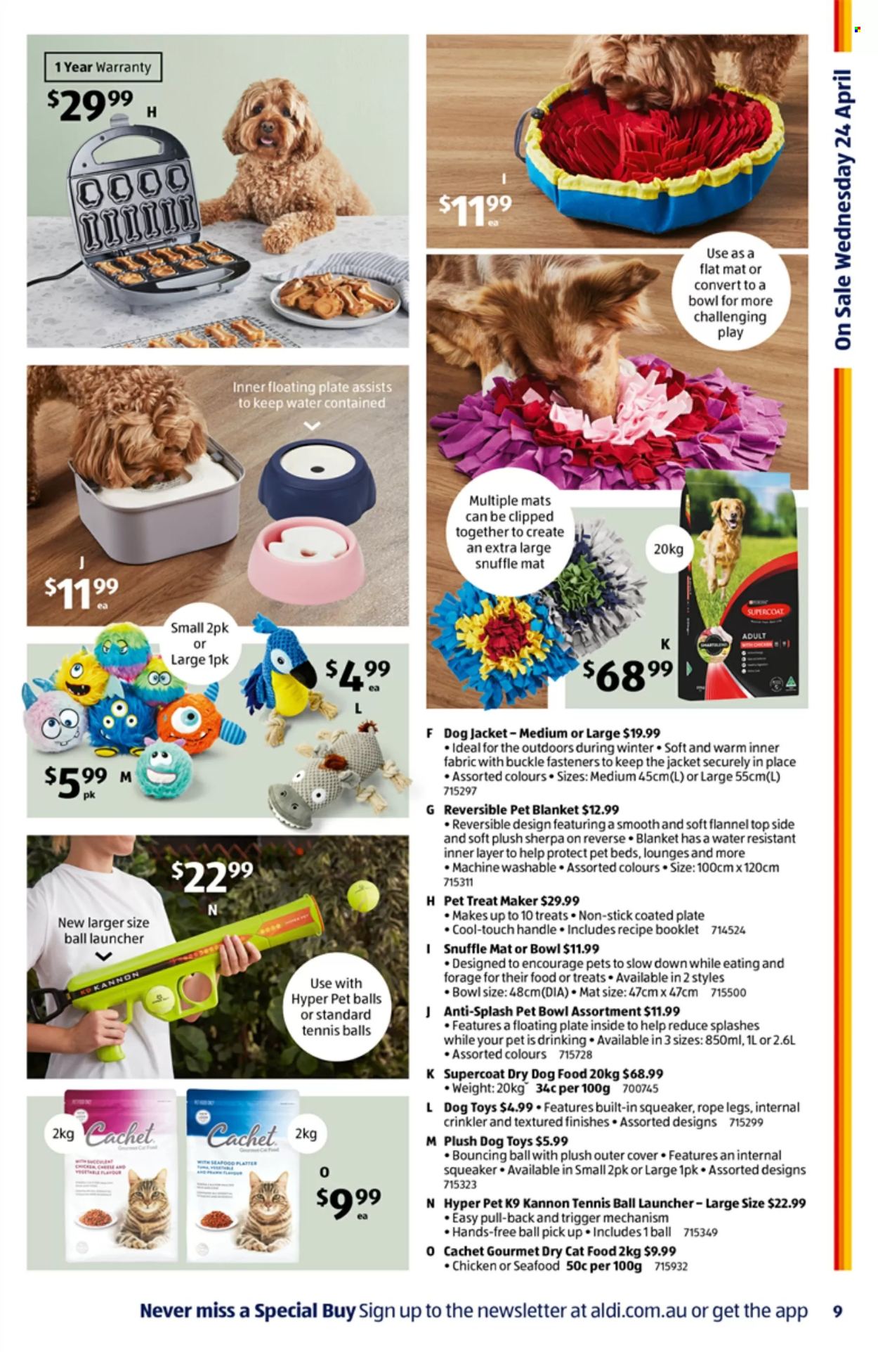 thumbnail - ALDI Catalogue - 24 Apr 2024 - 30 Apr 2024 - Sales products - rope, plate, platters, blanket, pet bed, dog toy, squeaker, pet blanket, dog jacket, animal food, cat food, dog food, Supercoat, dry dog food, dry cat food, bed. Page 9.