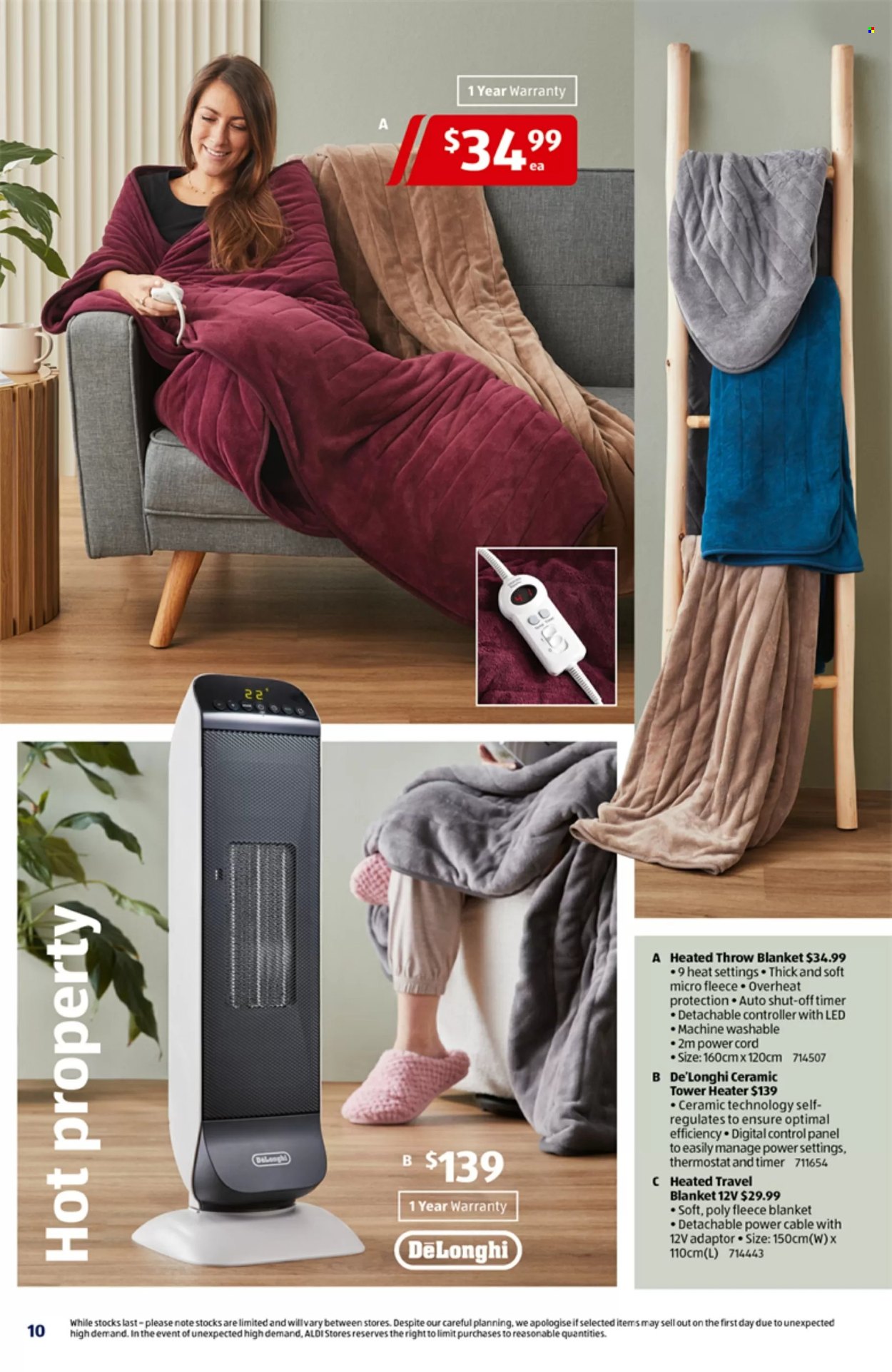 thumbnail - ALDI Catalogue - 24 Apr 2024 - 30 Apr 2024 - Sales products - adaptor, blanket, De'Longhi, heated throw, heater, nutritional supplement. Page 10.